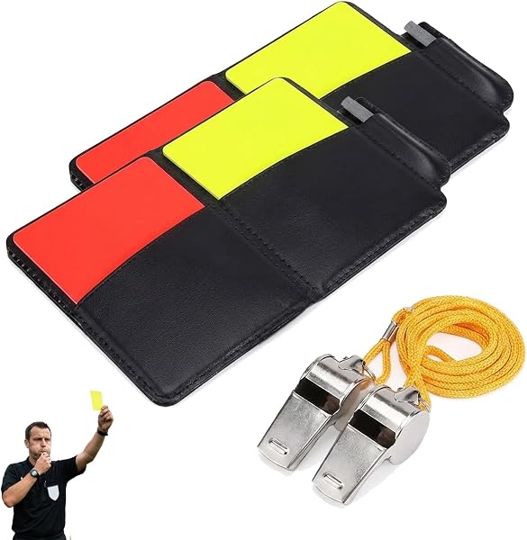 Horktrust Carton Arbitre Set Complet, 2 Sifflets en Métal + Cartons Rouge/Jaune avec Carnet & Crayon, Kit Arbitre pour Football Basketball Sports Scolaires Jeux - 1