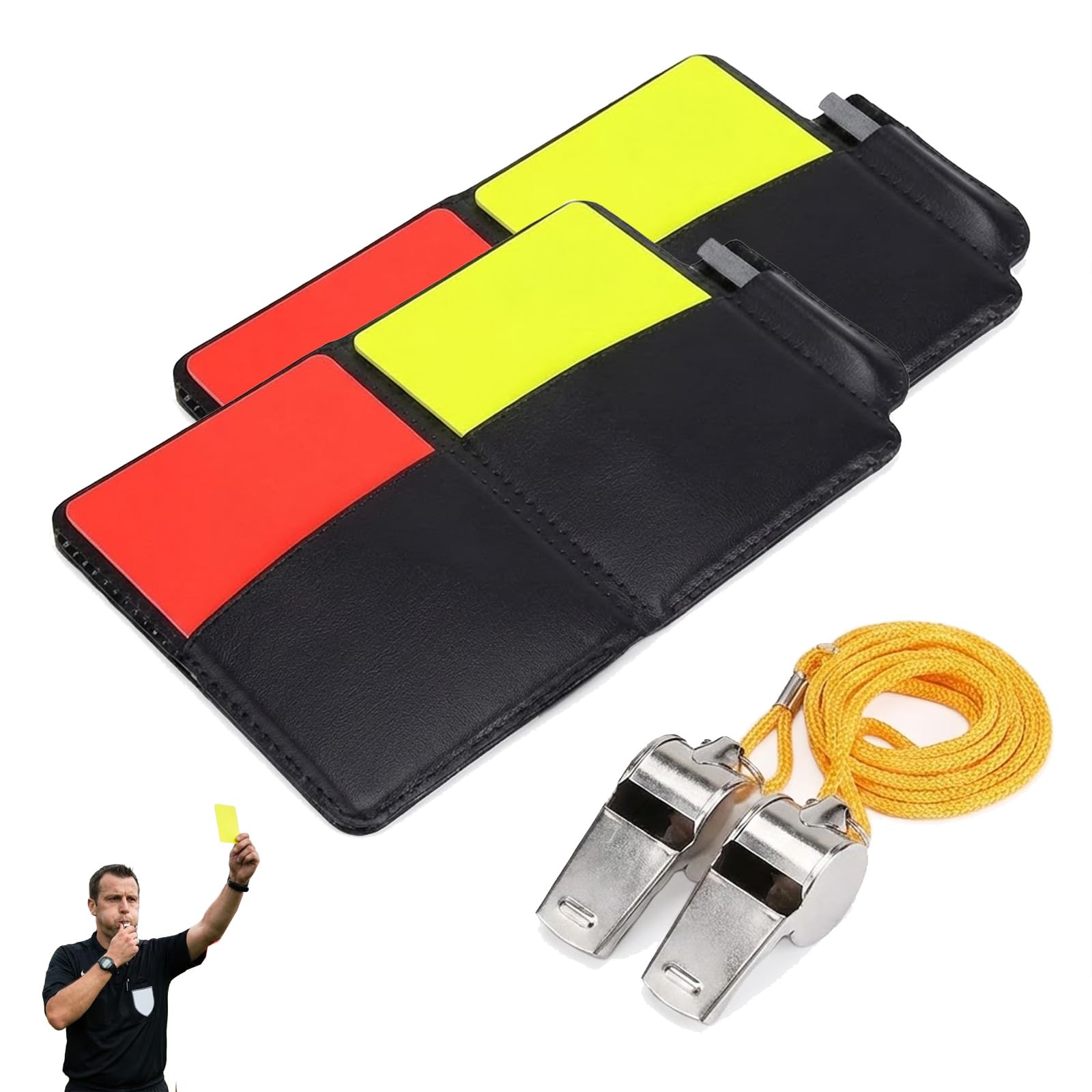 Kit de Árbitro de Fútbol con 4Tarjetas Roja y Amarilla, 2 Silbatos de Metal, 2 Lápiz y Cuaderno, Accesorios de Arbitraje Deportivo Profesional