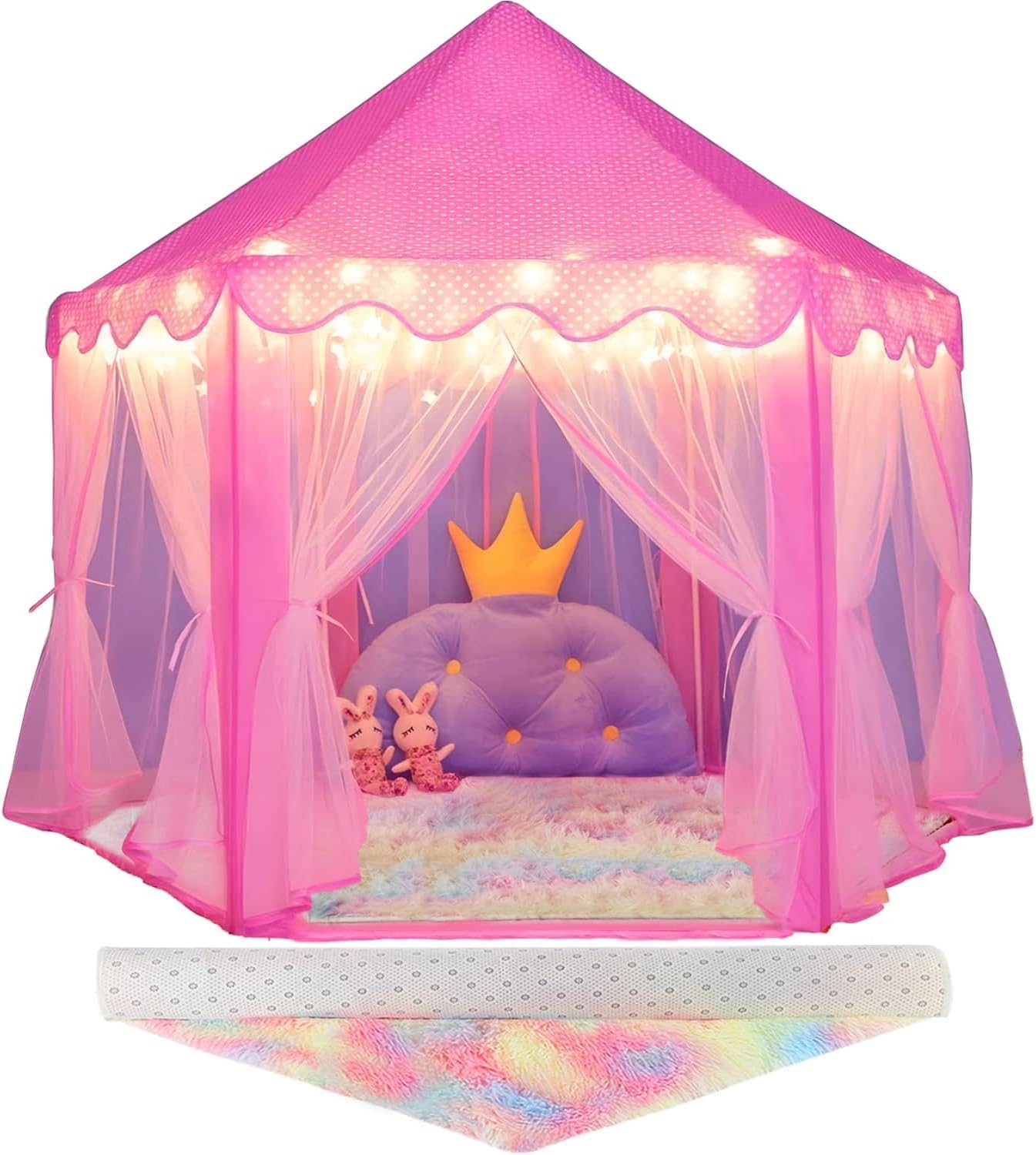 AÖARLO Princess Play Tent with Rainbow Rug and Lights