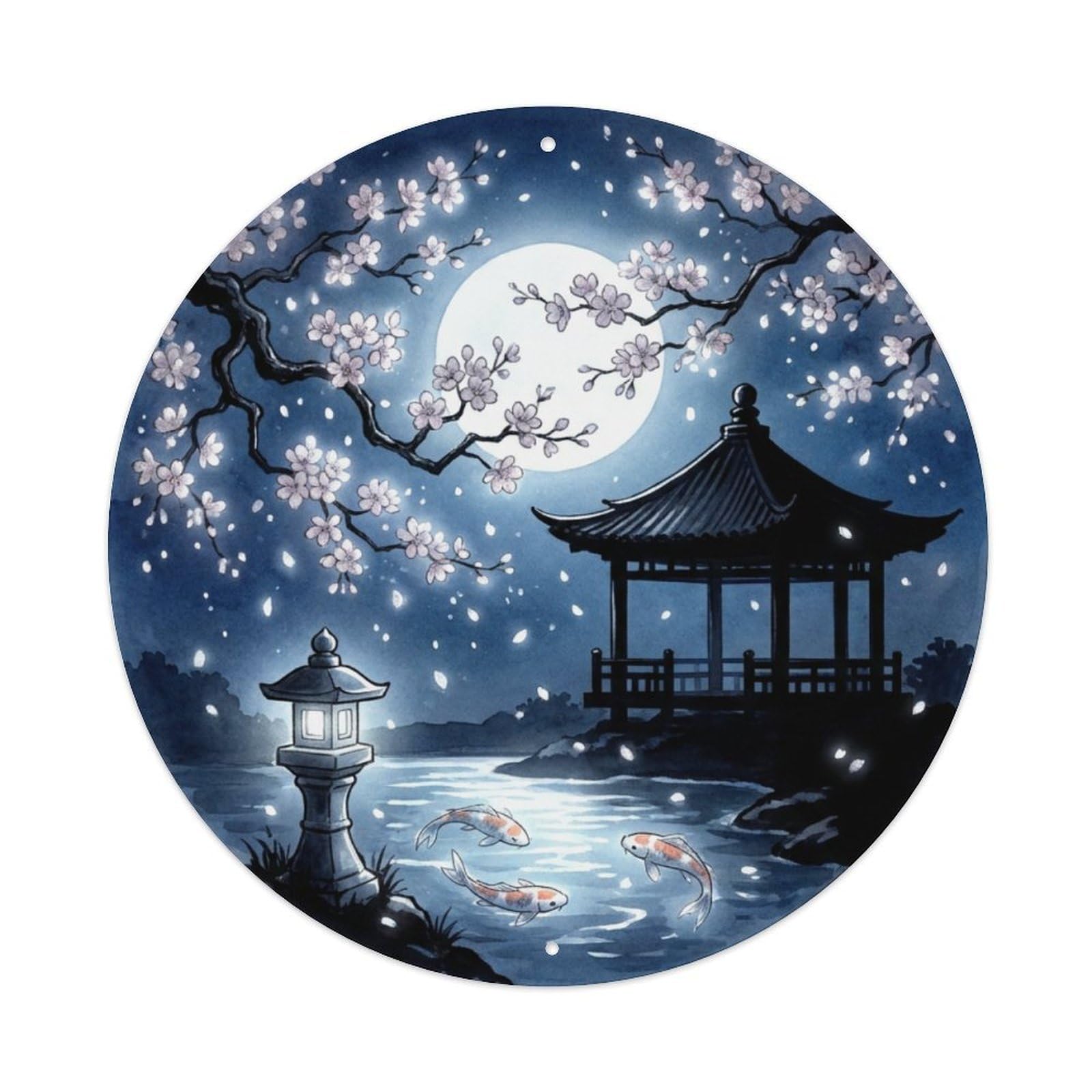 Tgrcjimh Style Metal Tin Sign Japanese Koi Fish Cherry Moonlight Silver Night