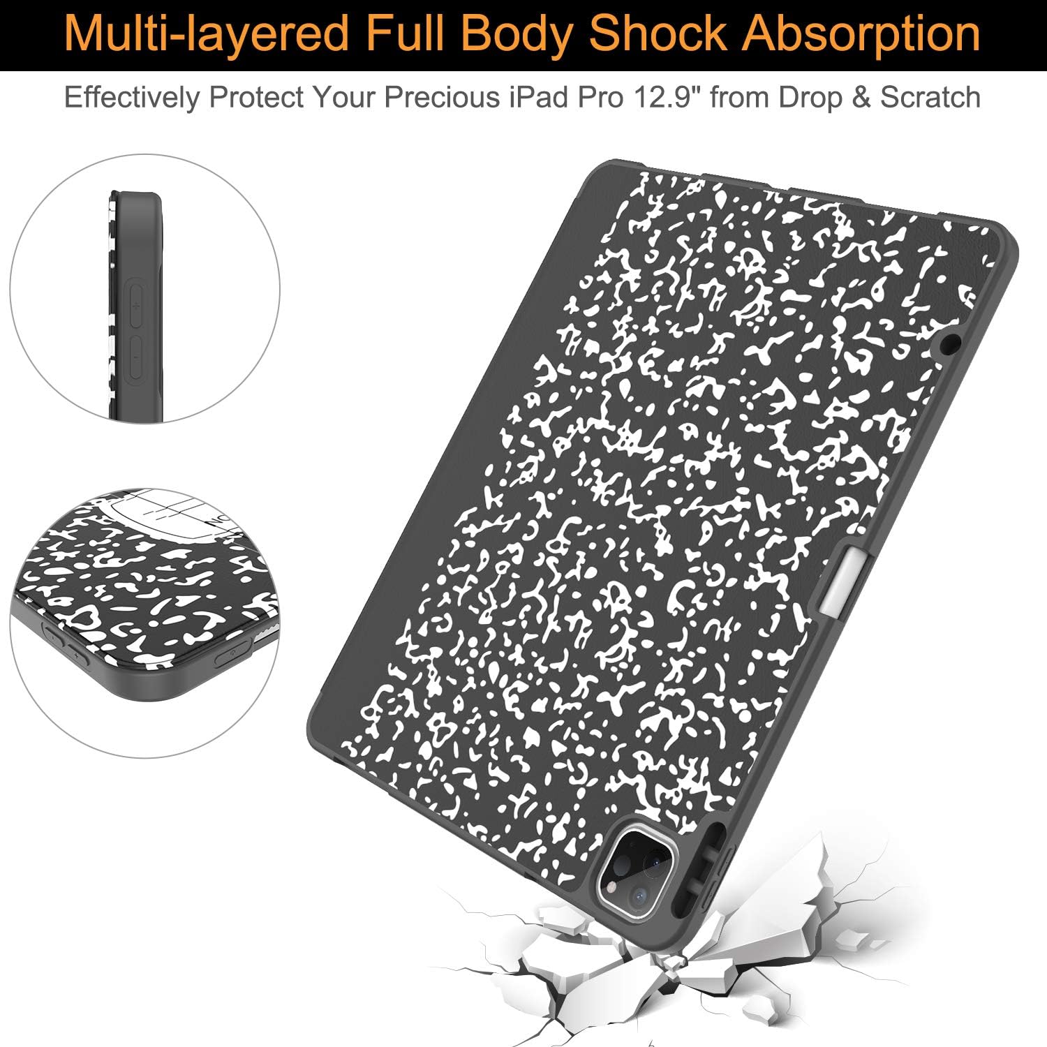 Soke for iPad Pro 12.9 Case 2020 & 2018 with Pencil Holder - [Full Body Protection + Apple Pencil Charging + Auto Wake/Sleep], Soft TPU Back Cover for 2020 iPad Pro 12.9(Book Black)