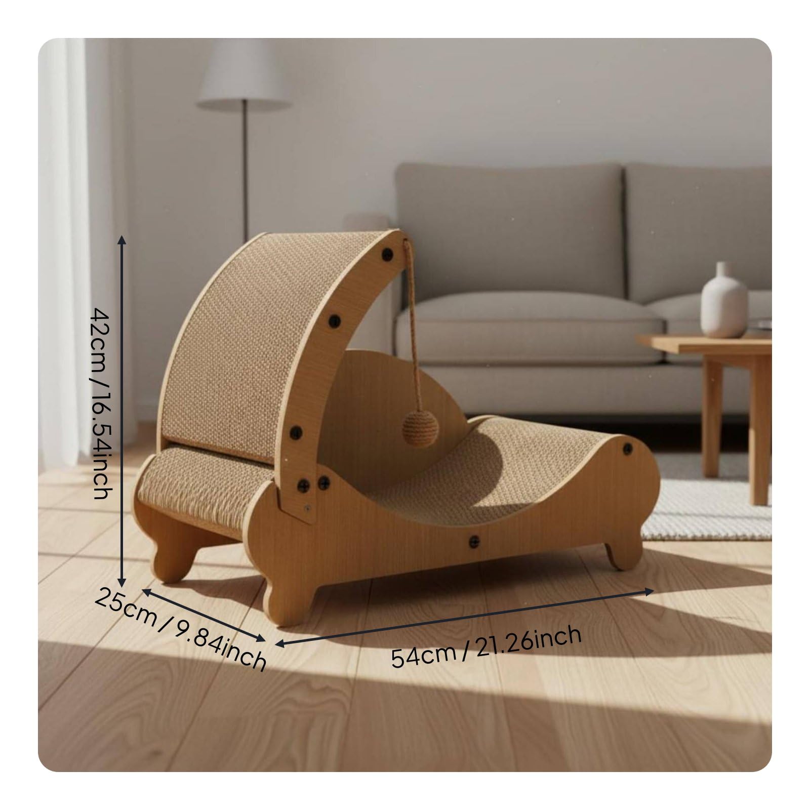 Kratzbrett Katzen Kratzmöbel Kratzbett Kratzmatte aus Wellpappe Und Holz mit Sisalspielball Und Sicherem Stand für, Mond-Chaiselongue