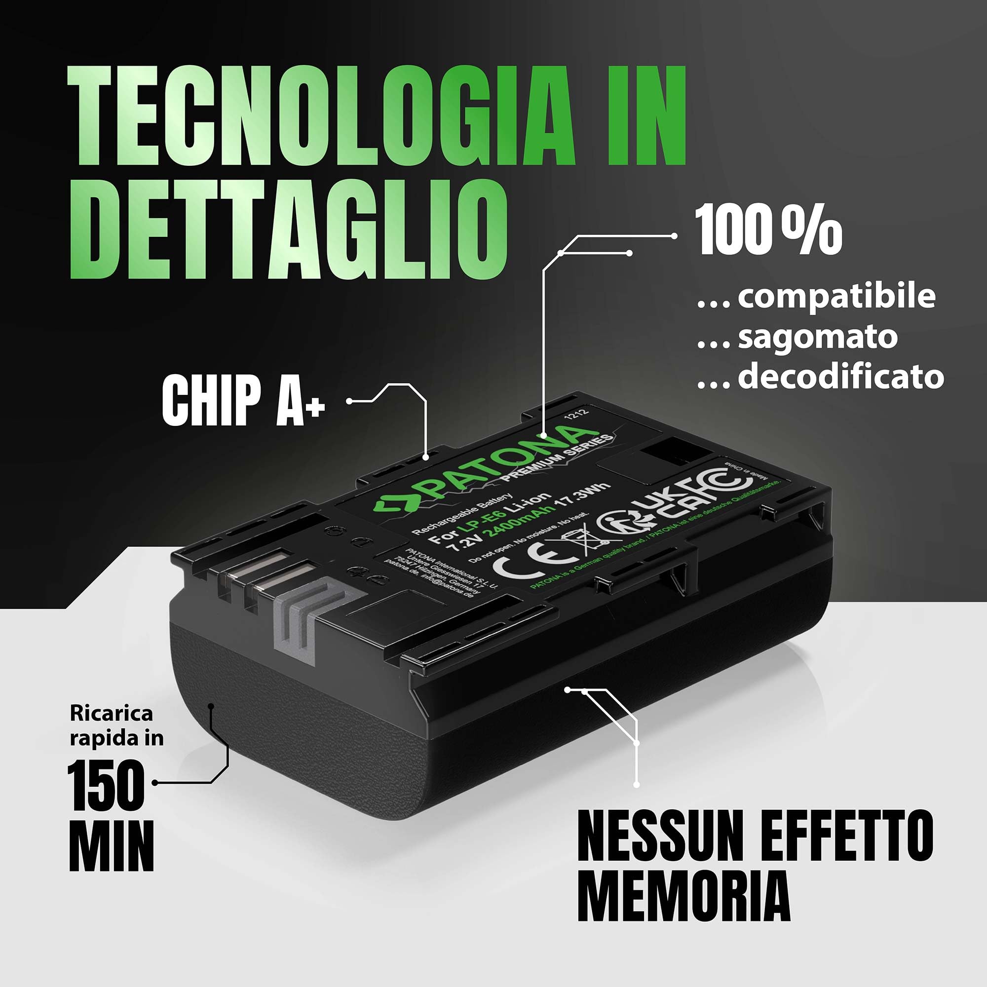PATONA 2x Premium Batteria LP-E6 2400mAh – ricambio per Canon LP-E6 – compatibile con EOS 5D Mark II/III/IV 5DS 6D 7D 60D 70D 80D 90D R R5 R6 XC10 XC15 – per reflex e mirrorless Canon