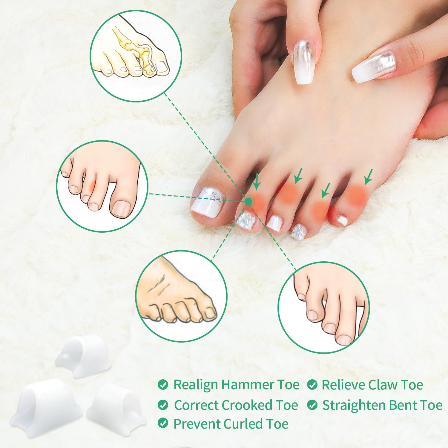 Niupiour Correctores de dedos de gel en martillo, corrector de juanetes para mujeres y hombres, paquete de 6 separadores de dedos de silicona para dedos doblados, espaciadores de dedos para dedos