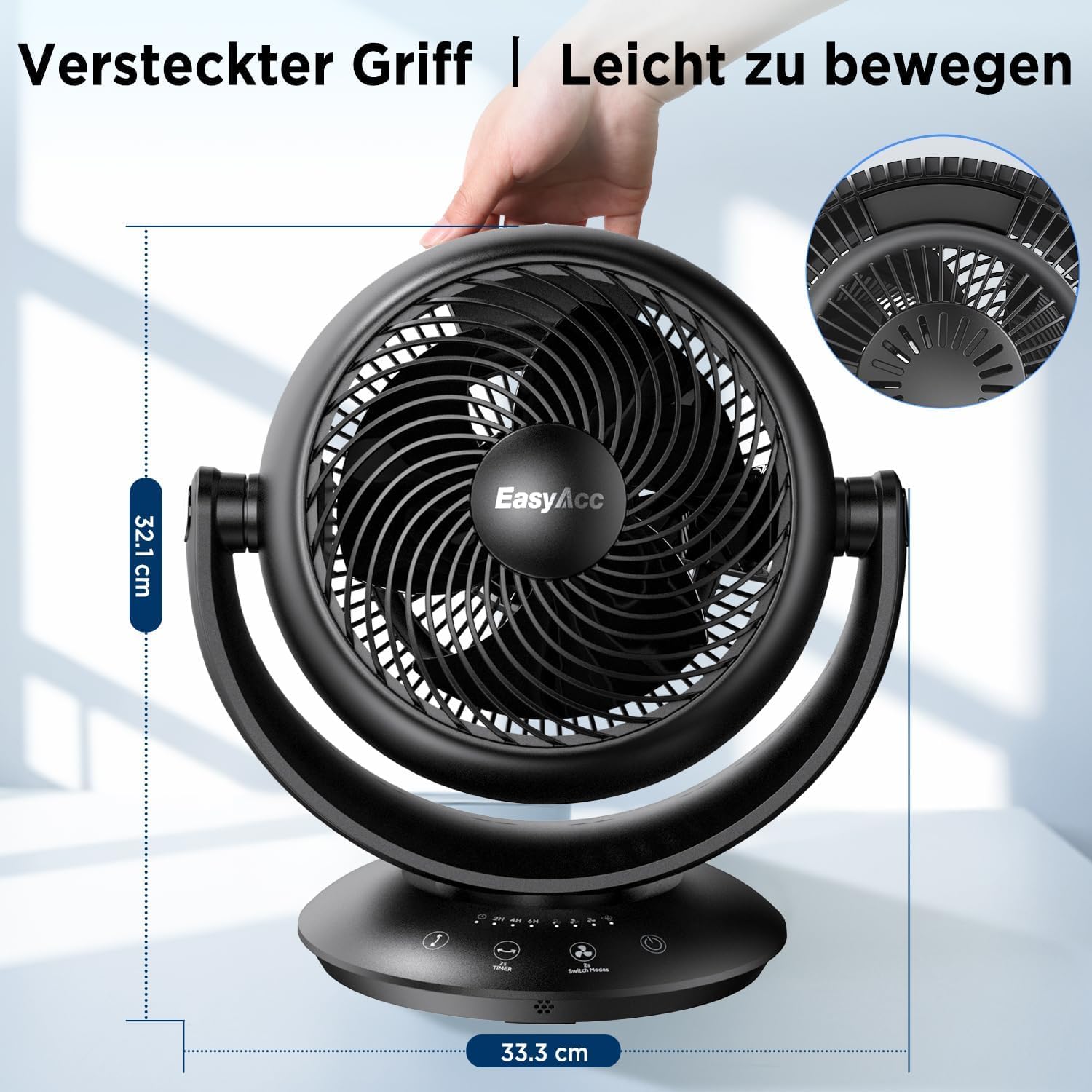 EasyAcc Ventilador de Mesa Circulación de Aire, Potente Silencioso Oscilación Automática 90° Horizontal y Vertical, 3 Velocidades, Temporizador de 2-12 H con Mando para Oficina y Hogar, Negro