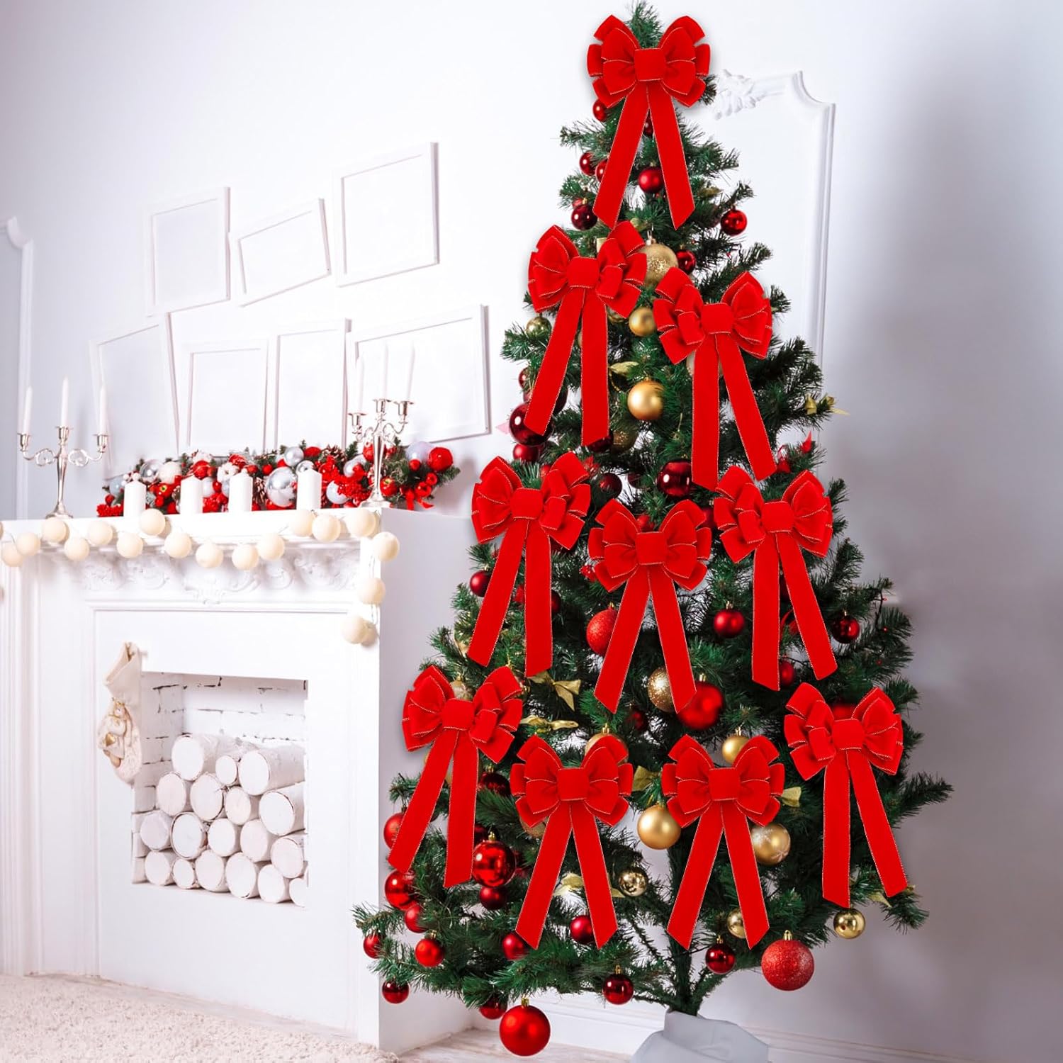 Lenwen Large Christmas Bows 11 x 19.6 Inches Christmas Velvet Wreath Bows Xmas Tree Topper Bow with Gold Edge Big Xmas Ornament for Wreath Gift Front Door Decor(Red,12 Pcs)