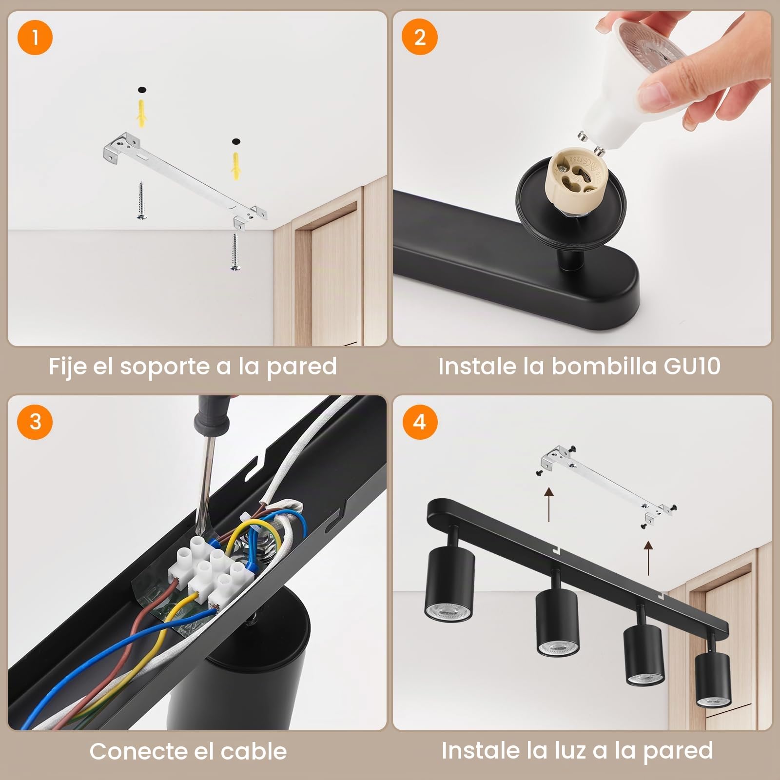 Focos Techo, GU10 Lámpara de Techo con 4 Focos, Lámpara de Pared Interior LED Negro Orientables, Modernas Focos para el Techo para Salon, Dormitorio, Cocina, Pasillo, Sin Bombilla