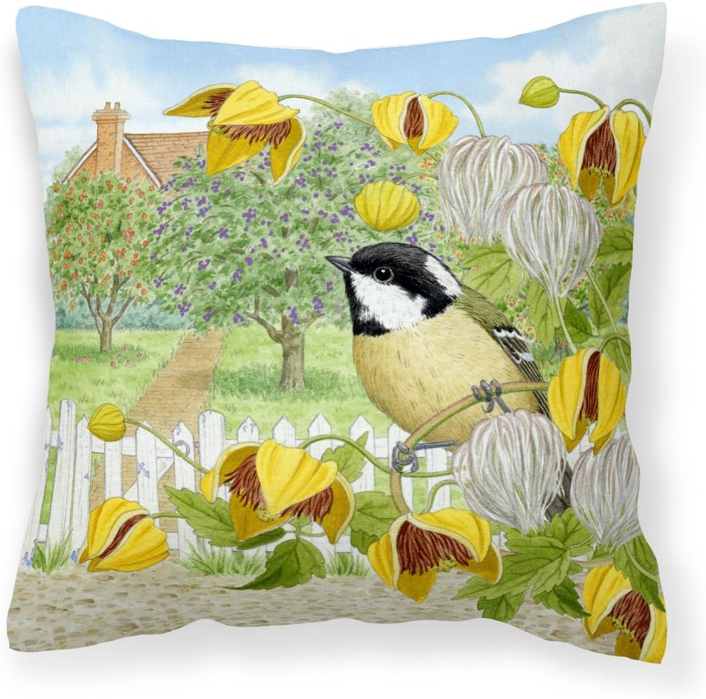 Caroline's Treasures ASAD0702PW1818 Coal Tits Yellow Flowers Fabric Decorative Pillow Machine Washable, Indoor Outdoor Decorative Pillow for Couch, Bed or Patio, 18Hx18W