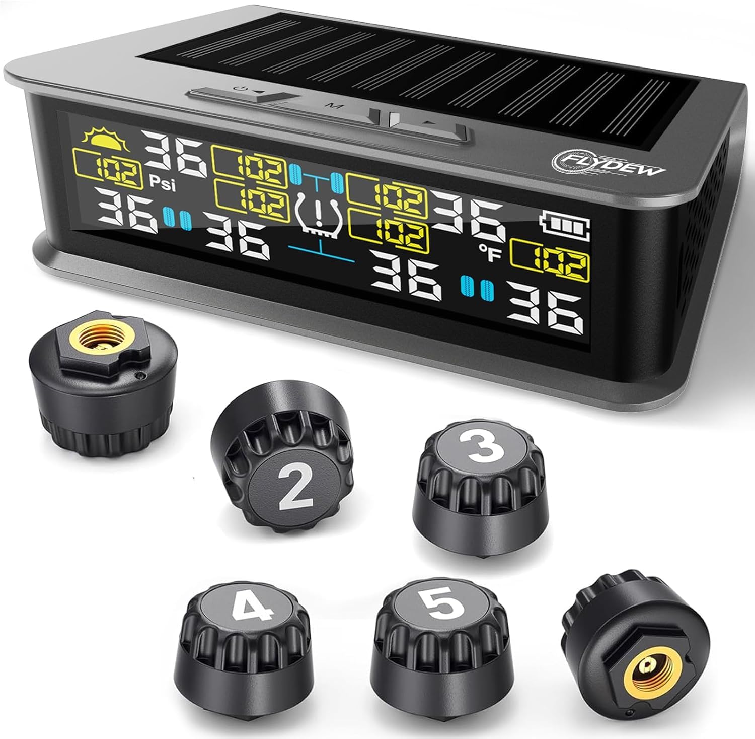 6-Wheel RV Tire Pressure Monitoring System (TPMS) - 6 Sensors & 6 Alarm Modes | 0-144 PSI ±1.5PSI, Solar/USB Charging | for Dually Trucks & Heavy-Duty Trailers