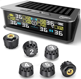RV TPMS Tire Pressure Monitor, 6 Sensors, 0-144 PSI, Solar Display | Custom alerts, color screen, USB rechargeable, for RV, trailer, dually truck and tow vehicle