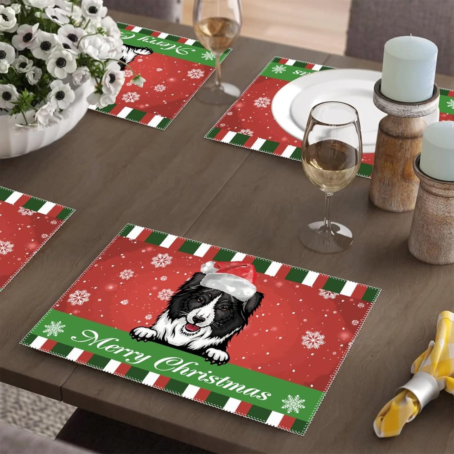 Dog with Santa Hat Snowflake Xmas Green Red Place Mats Set of 6 Merry Christmas Personalized Dog Pad Placemat Heat-Resistant Tablemats Kitchen Table Mats Centerpiece for Dining Table