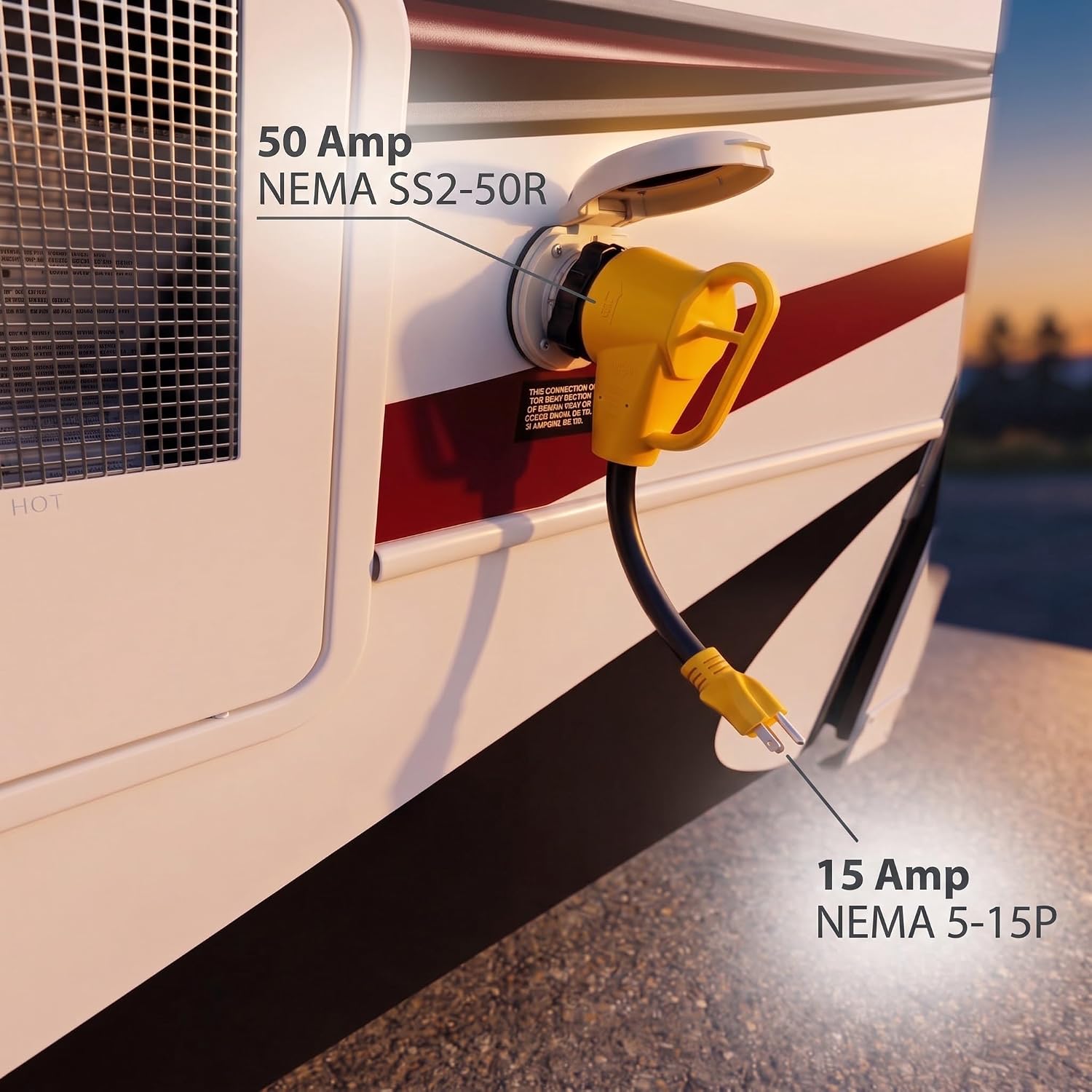 50 Amp to 110 Shore Power Adapter Cord with Locking Connector, NEMA 5-15P to SS2-50R, 90 Degree Grip Handle, 12 Inch, ETL Listed 125V, for Boat, Marine, RV, Camper, Travel Trailer, Motorhome