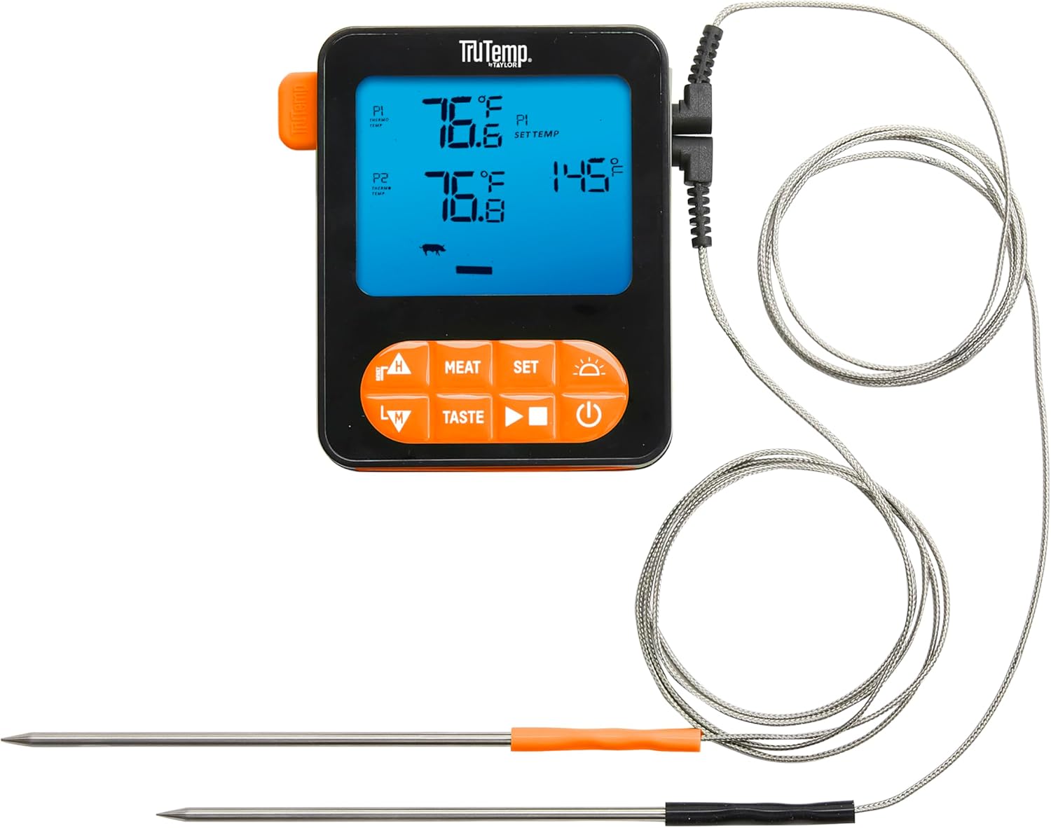 Taylor TruTemp Dual Probe Wired Programmable Meat & Food Thermometer, Digital, Monitor Two Dishes, Baking, Grilling, Roasting, User-Friendly, Backlit, Orange