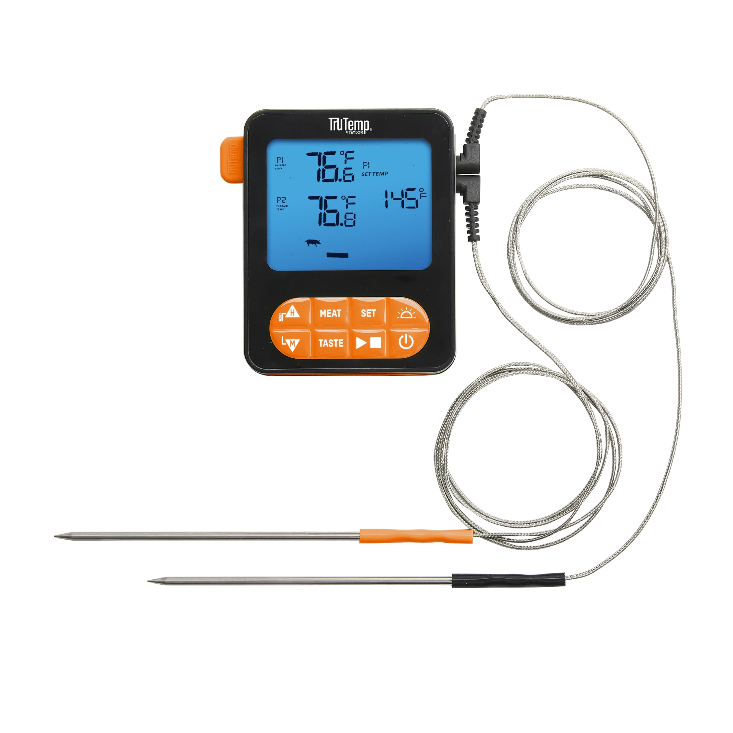 Taylor TruTemp Termómetro programable para carne y alimentos con cable de doble sonda, digital, monitor de dos platos, hornear, asar, fácil de usar, retroiluminado, naranja