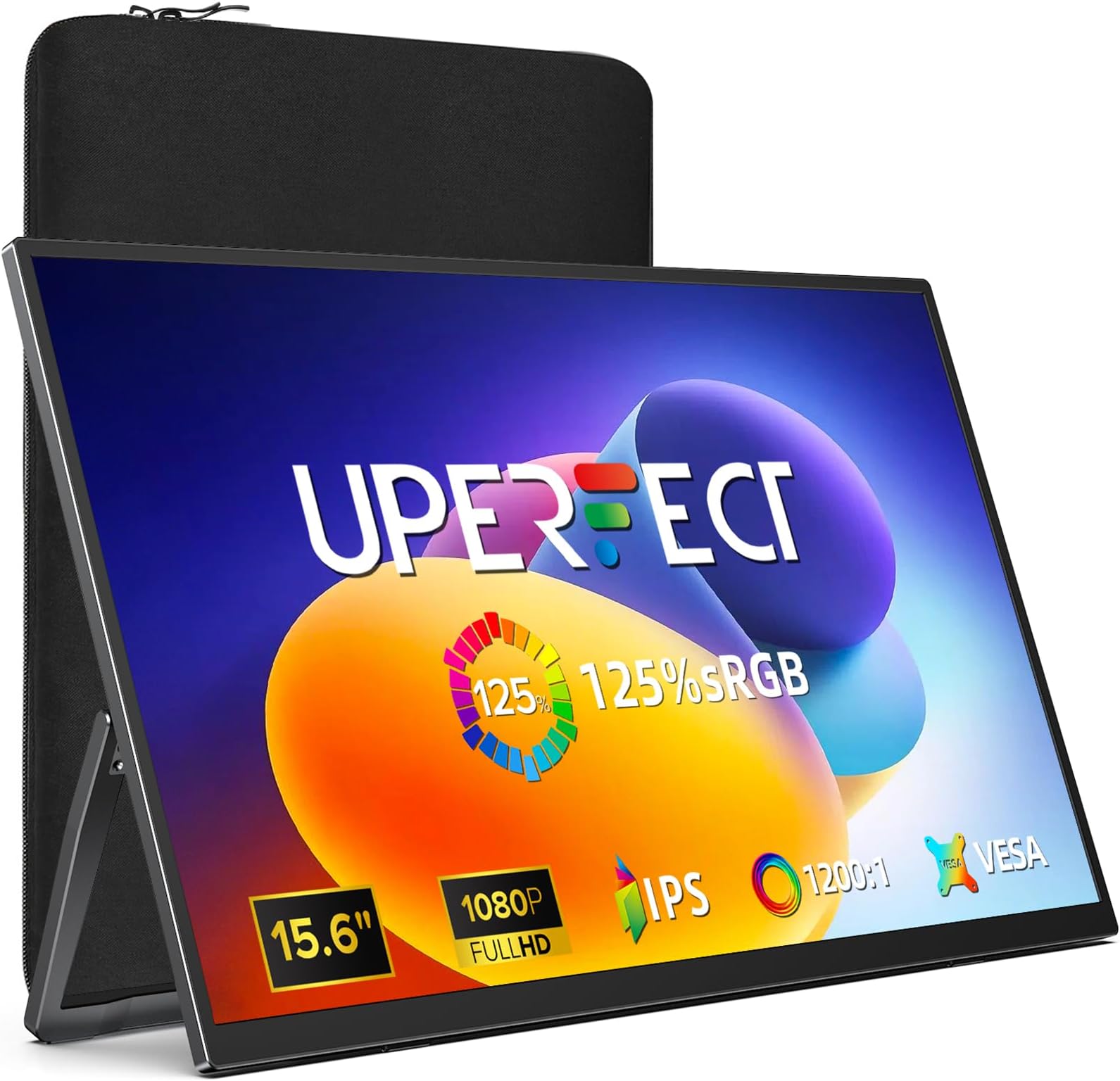 Portable Monitor 15.6", 125% sRGB Ultra-Slim Laptop Monitor with Protective Sleeve, Built-in Adjustment Stand | Speaker | VESA, HDMI USB-C Plug & Play Second Screen for Phone Game Console