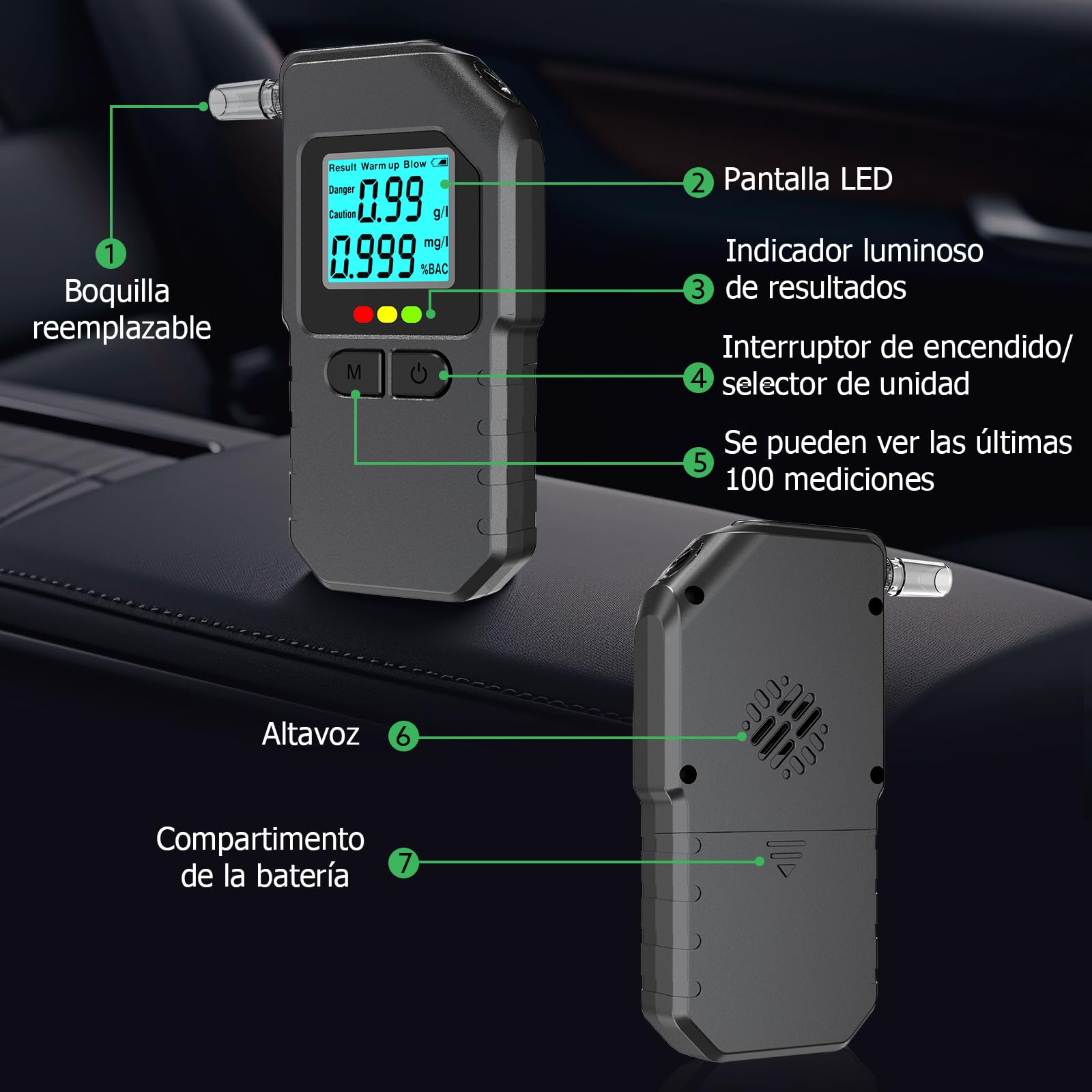 Dusefogo Alcoholímetro Homologado DGT, Test de Alcoholemia con Pantalla LCD y 20 Boquillas, Alcolimetros Personal para Uso Doméstico y Profesional Comprobador de Alcohol — view 4