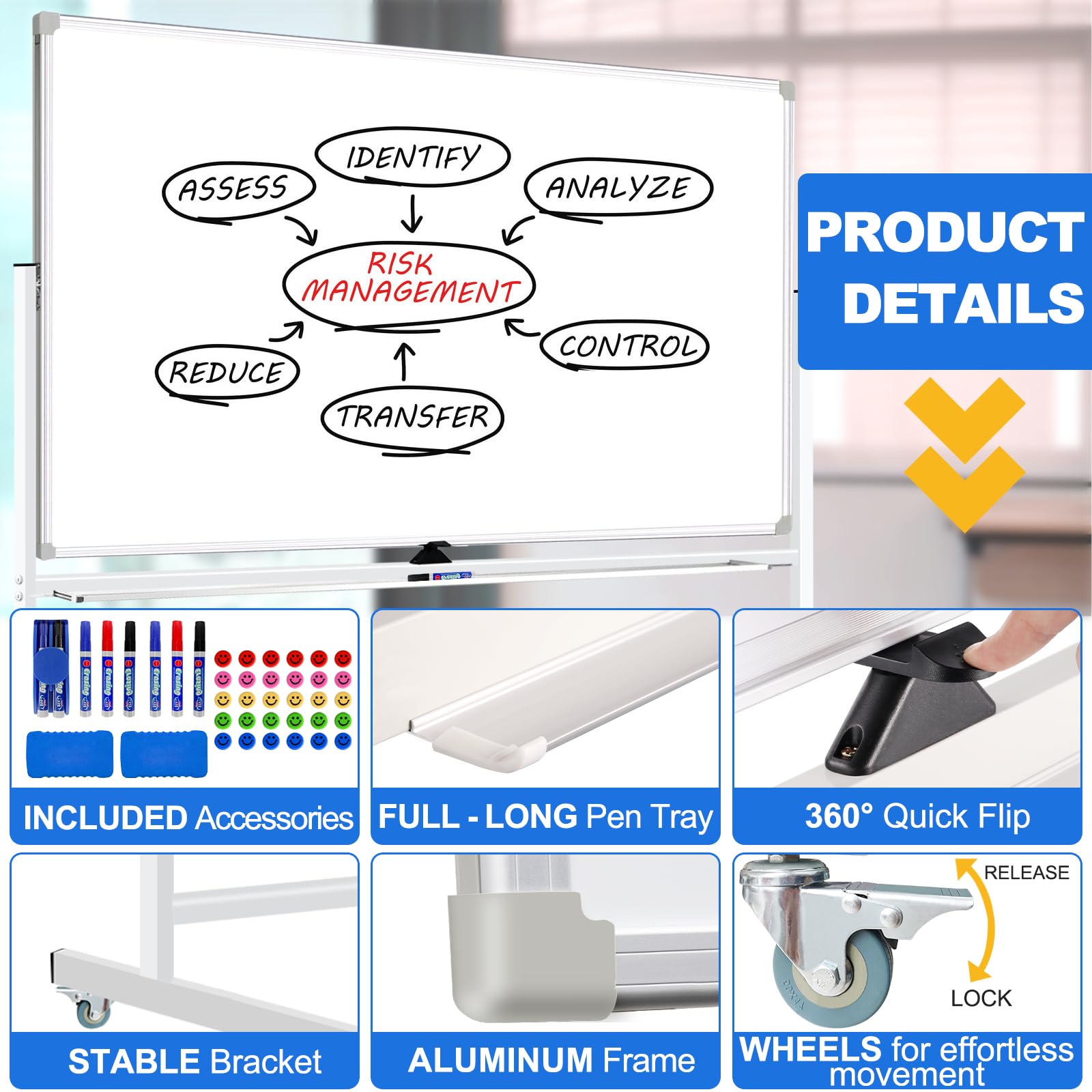 Large Dry Erase White Board With Rolling Stand 72"x48" Double-Sided