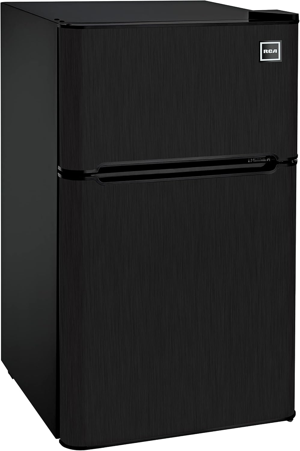 RCA 3.2 Cu Ft Two Door Mini Fridge w/Freezer RFR870, Stainless, Black