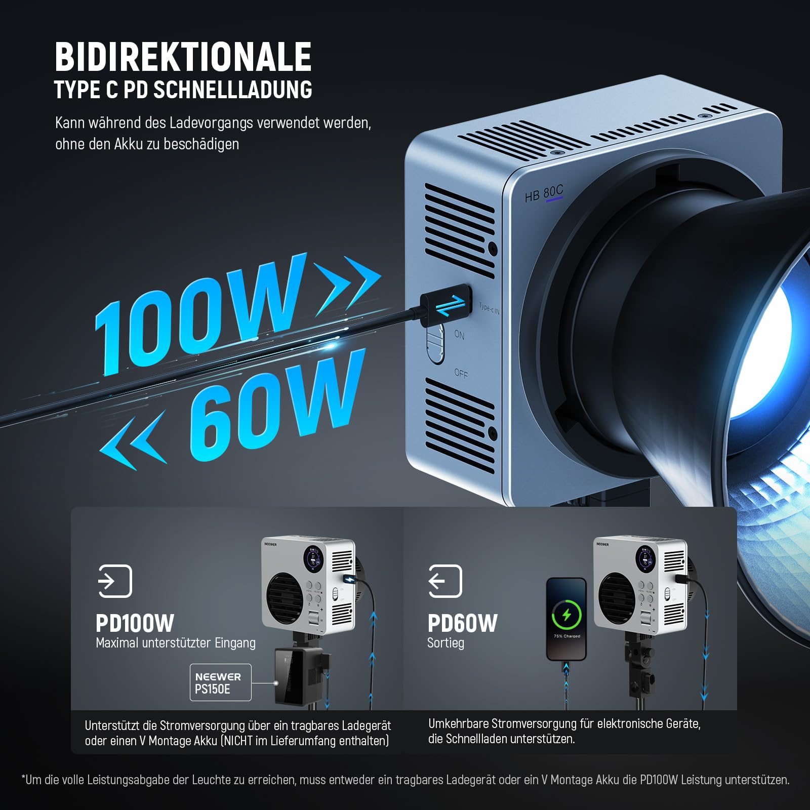 NEEWER HB80C 80W RGBWW LED Videolicht mit 72Wh Akku & 100W PD Schnellladung, Bowens Mount, 2500-7500K Farbtemperatur, 10400lx/m Helligkeit, 18 Lichteffekte für Studio, Fotografie & Videoaufnahmen