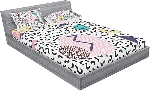 Miniatura 2 de Ambesonne Juego de sábanas bajeras y fundas de almohada de los años 90, patrón geométrico en estilo retro, formas redondas de triángulo de media