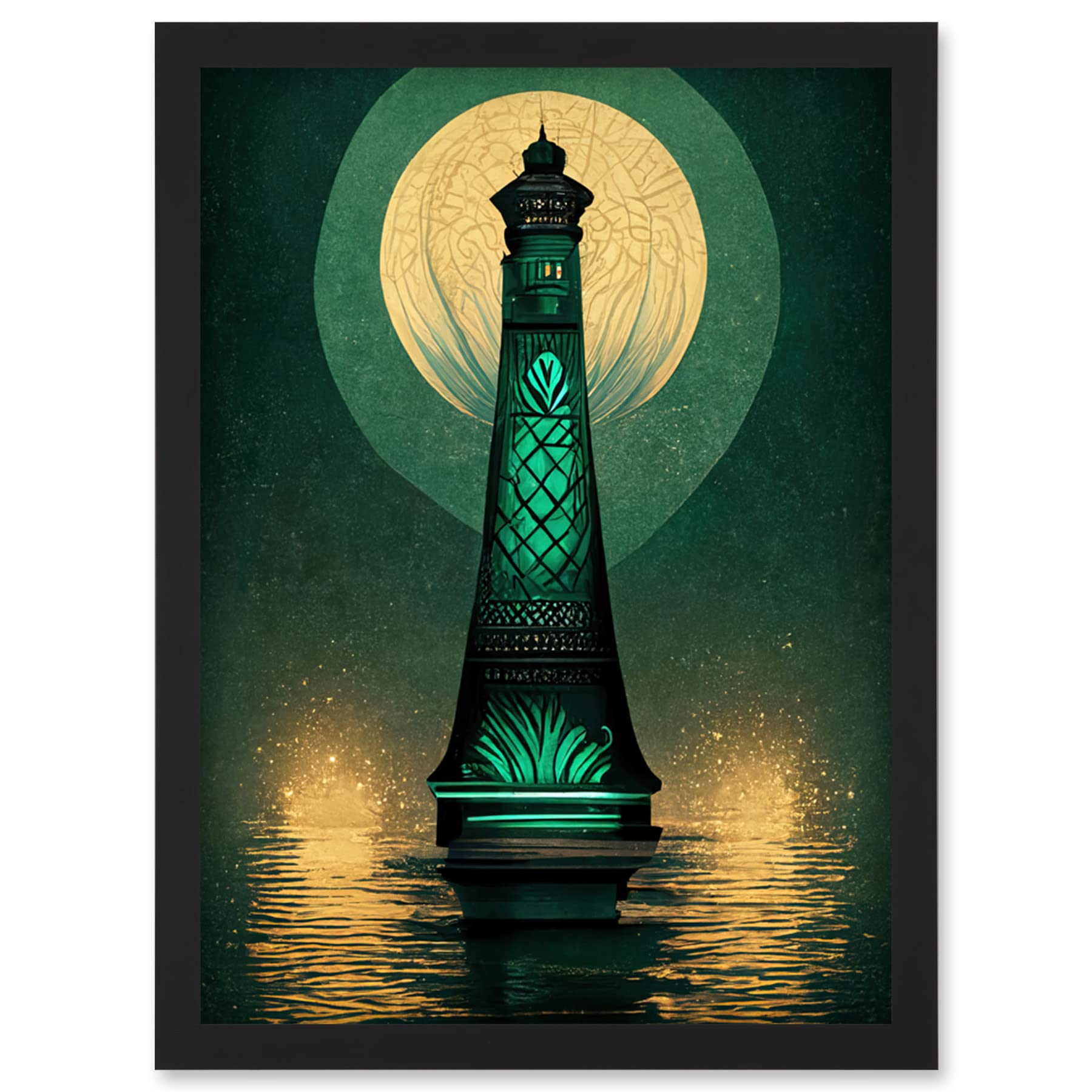 Doppelganger33 LTD Art Deco Lighthouse Great Gatsby Moonlight Emerald Artwork Framed Wall Art Print A4