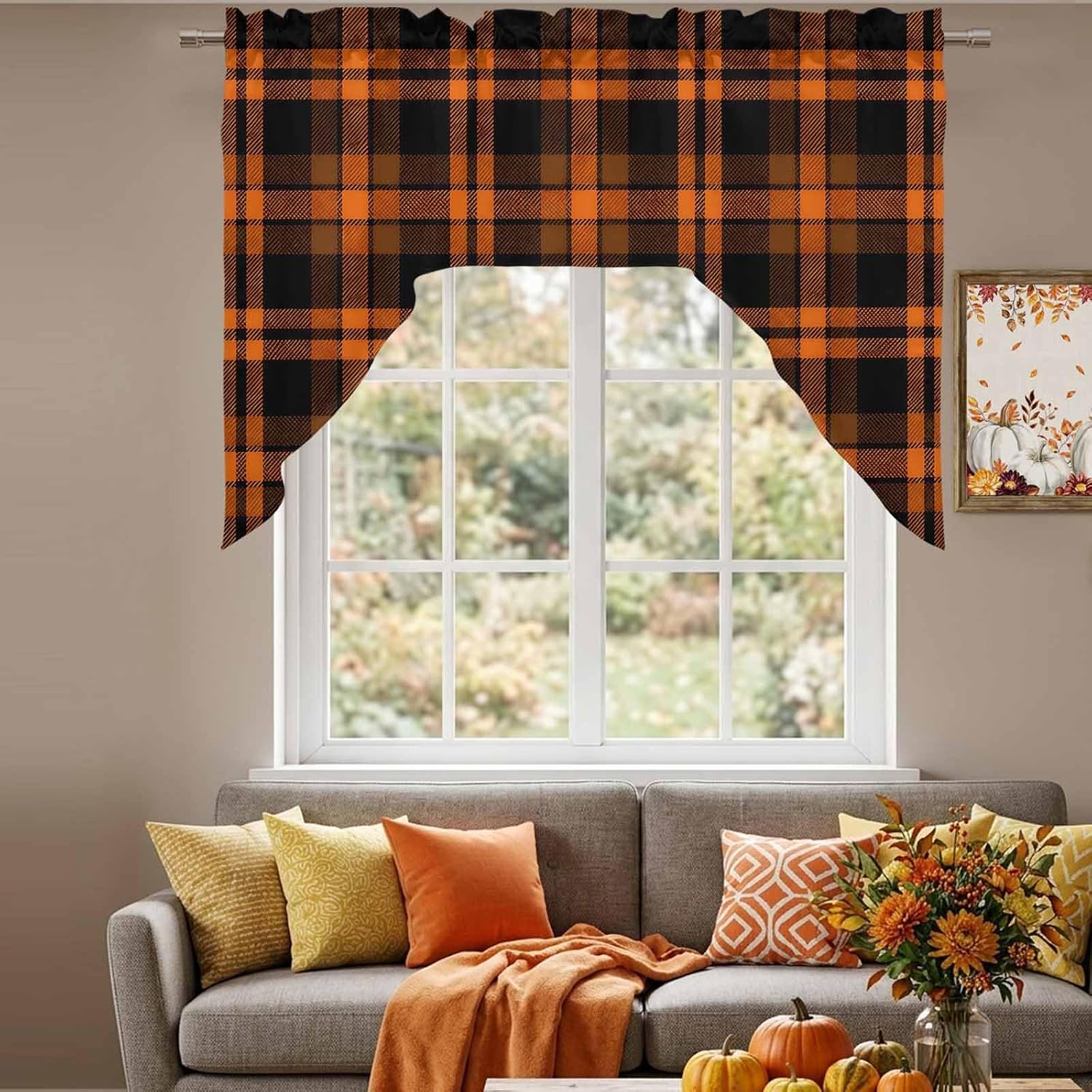 Black Orange Grid Swag Valances for Windows 56 x 36 Inch, Fall Minimalist Orange Dark Plaid Stripes Country Rod Pocket Light Filtering Window Topper for Kitchen Bathroom Bedroom Living Room