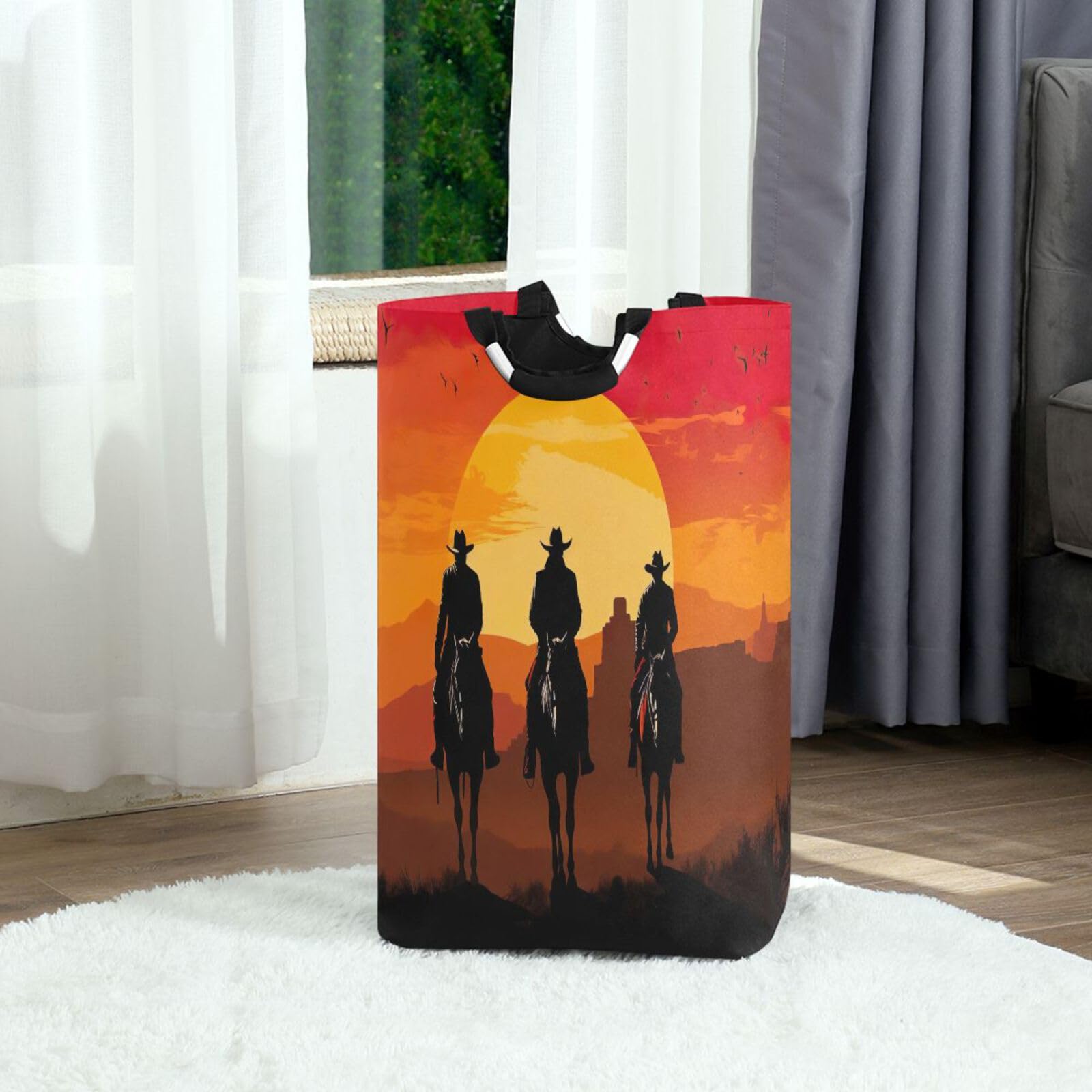 Jihqo Laundry Hamper Basket Sunset Cowboy Collapsible Nursery Storage Bin Waterproof Clothing Baskets for Home Bedroom Bathroom Washing Room