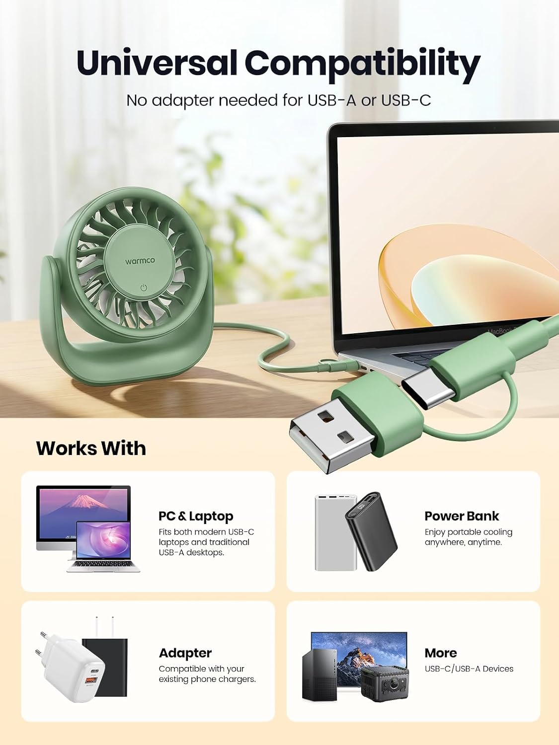 Warmco USB Fan with Touch Control, (No Battery) Small Personal Desk Fan, USB-A & USB-C Plug, 3 Speeds Strong Airflow, Quiet Table Fans for Office Dorm Home Green