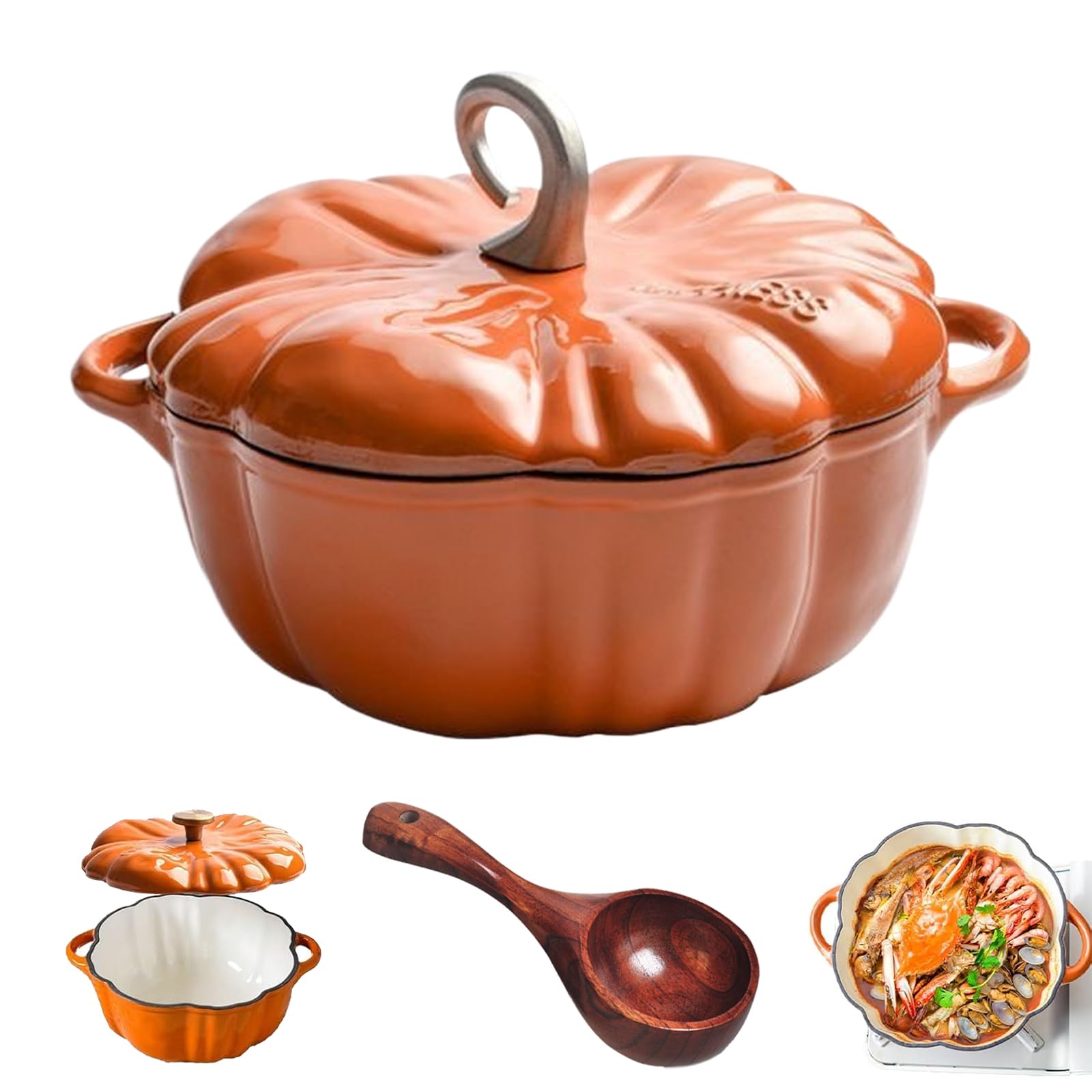 Enameled Cast Iron Pumpkin Dutch Ovens with Lid, Pumpkin Dutch Oven, 4-Quart Non-Stick, Heavy-Duty Cookware for Braising, Stews, Roasting, Fall Thanksgiving Decor (M/Horn-shaped Knob)