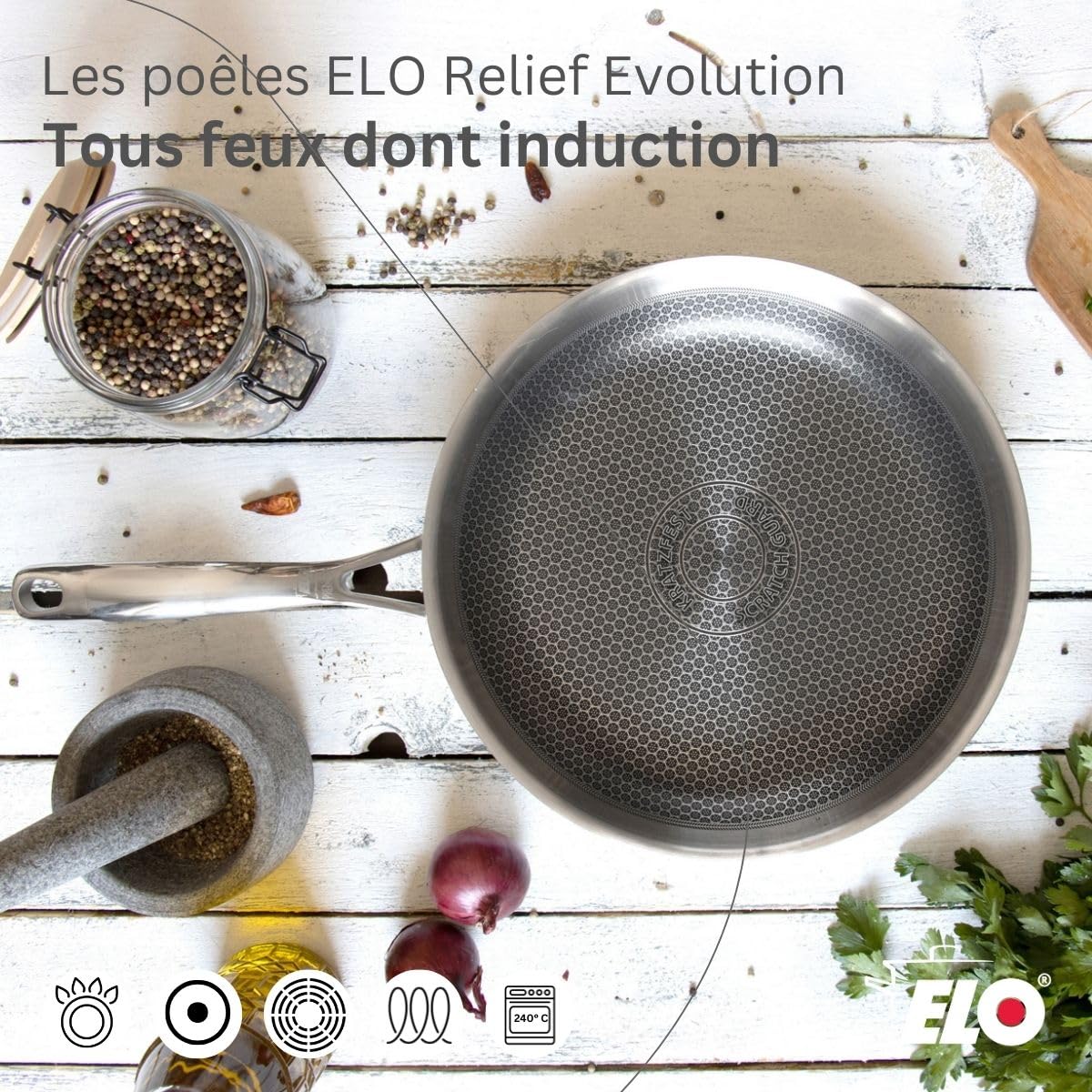 Elo Batterie de cuisine 3 poêles 24/28/32 cm et 4 faitouts 14/16/20/26 cm | Cuisson homogène, 7 pièces pour équiper la cuisine, Inox 18/10, Poêles 24 28 32 cm, Faitouts 14 16 20 26 cm, Induction four