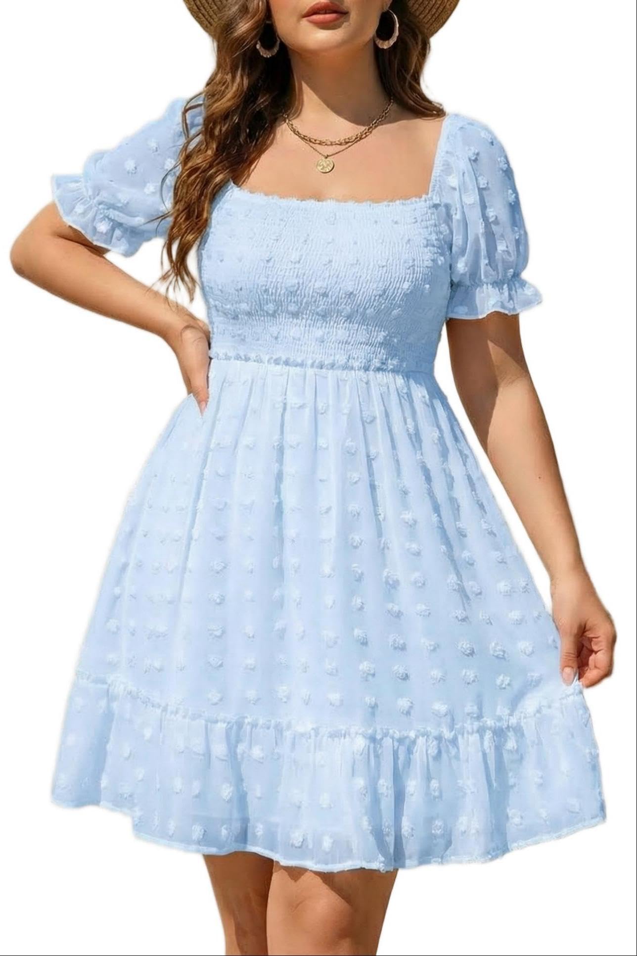 Talisea Plus Size Square Neck Graduation Summer Casual Sundress Chiffon Swiss Dot Ruffle Flowy Short Smocked Dress 2024