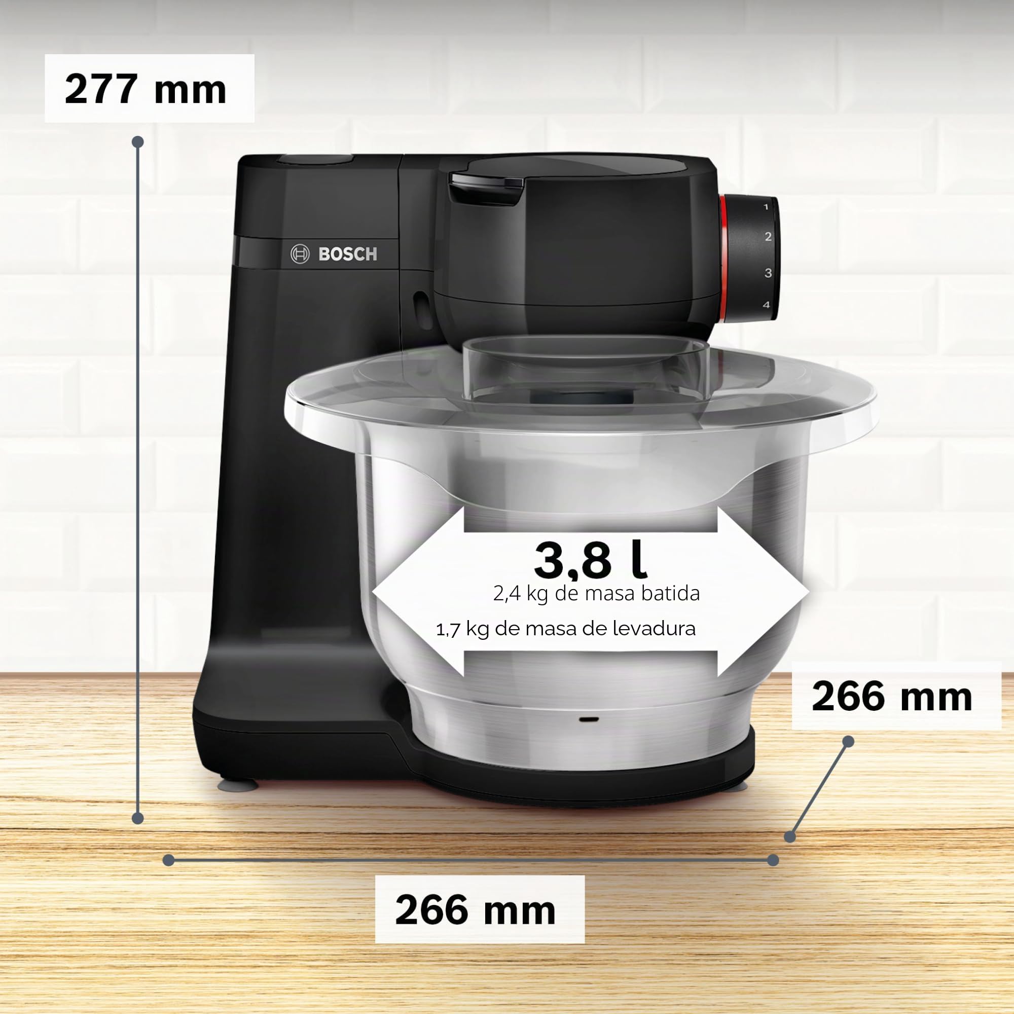Bosch Robot de cocina MUM Serie 2 MUMS2EB01, cuenco de acero inoxidable de 3,8 L, agitador planetario, gancho para amasar, batidor, batidor de acero inoxidable, 3 discos, 700 W, negro