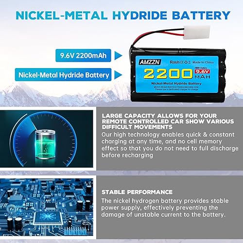 Miniatura 5 de 2 baterías AA NiMH de 9.6 V 2200 mAh con enchufe Tamiya y cable de carga USB para autos de juguete a control remoto, camiones, tanques, vehículos de