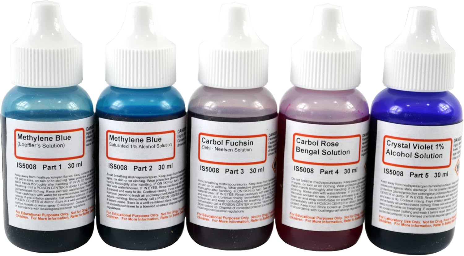 ALDON Innovating Science Bacteria Stain Set - 5 Microscope Slide Stains in 30mL Dropper Bottles: Methylene Blue (2), Carbol Fuchsin, Carbol Rose Bengal, Crystal Violate - Image 2