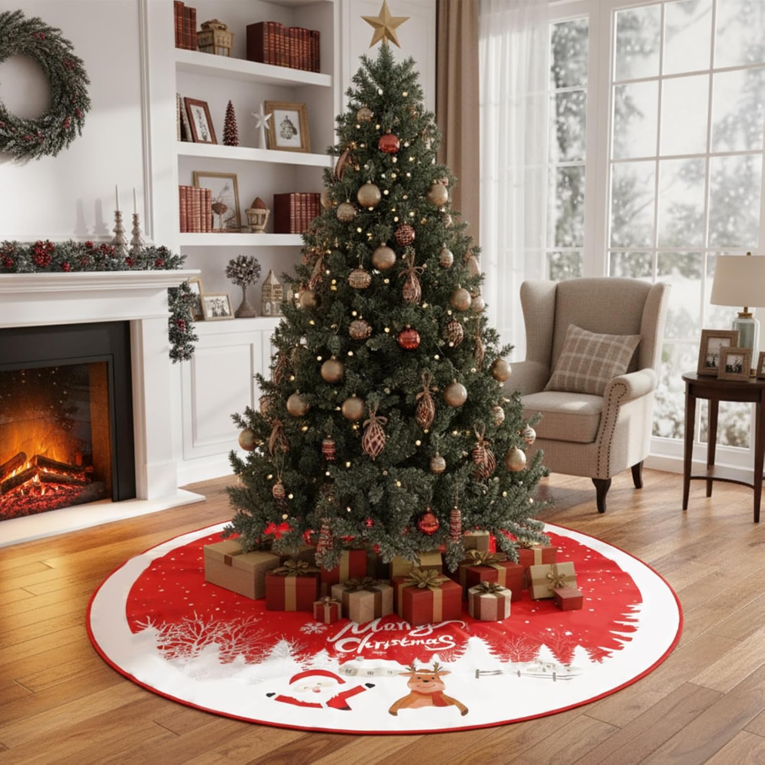 Sosation 84 Inches Large Christmas Tree Skirt Red Xmas Tree Ornaments with Snowy Pattern Soft Plush Reindeer Snowflake Holiday Party Mat for Merry Christmas Party Winter Holiday Decorations
