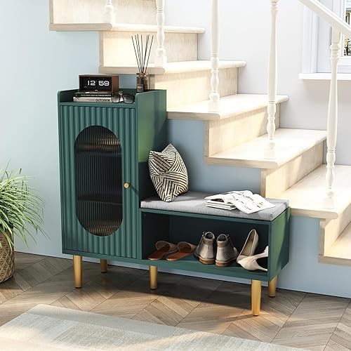 Miniatura 3 de HLR Banco de almacenamiento con puerta y estante de cristal, moderno banco de zapatos de entrada con asiento acolchado, armario de almacenamiento en