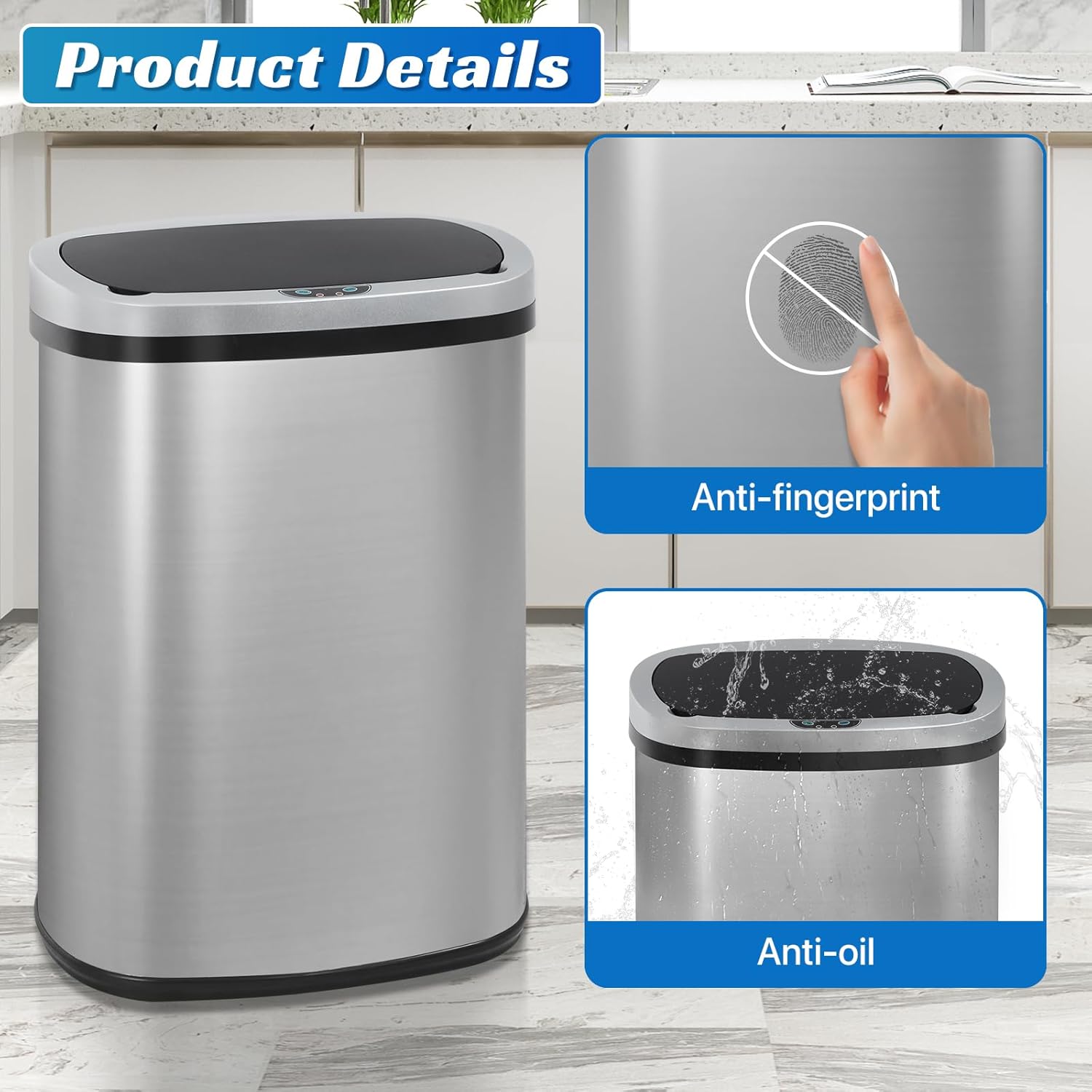 13 Gallon/50 Kitchen Trash Can with Lid, Automatic Stainless Steel Trash Can for Bathroom Bedroom and Home Office, Touch Free High-Capacity Brushed Stainless Steel Waste Bin (Silve)