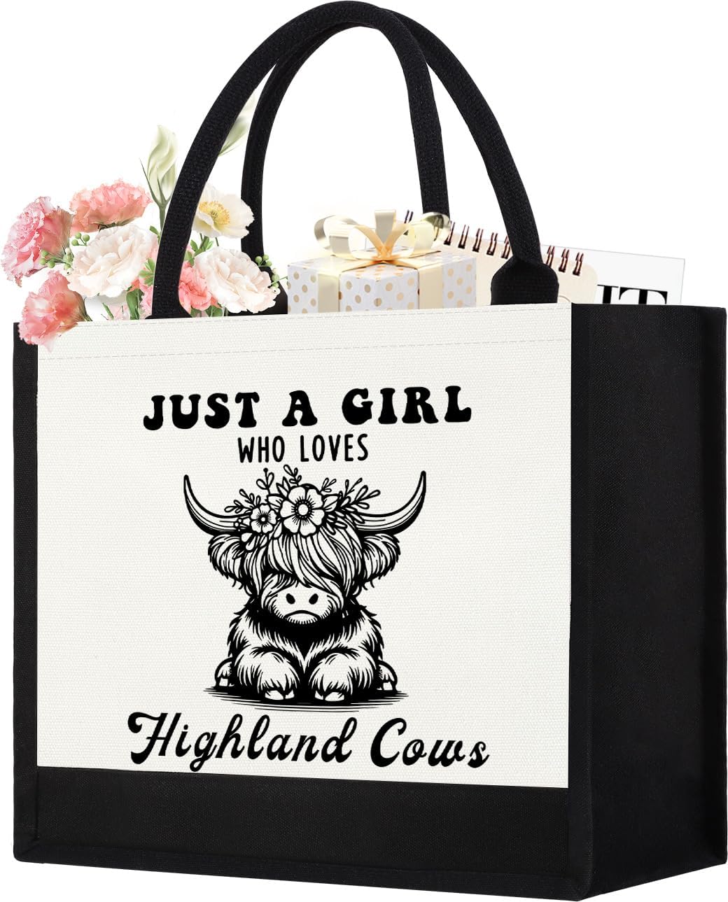 Canvas Tote Bag for Women, Cute Highland Cow Gifts for Cow Lover, Western Gift for Women Aesthetic Tote Bag Reusable Bag, Birthday Christmas Gift for Daughter Friends Sisters Who Loves Highland Cows