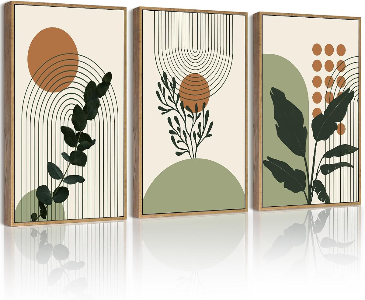 Arte de pared de planta bohemia, impresión de pared enmarcada de Bohemain botánico verde, impresiones abstractas en lienzo de 11x14 pulgadas con líneas de hojas y sol, marco natural