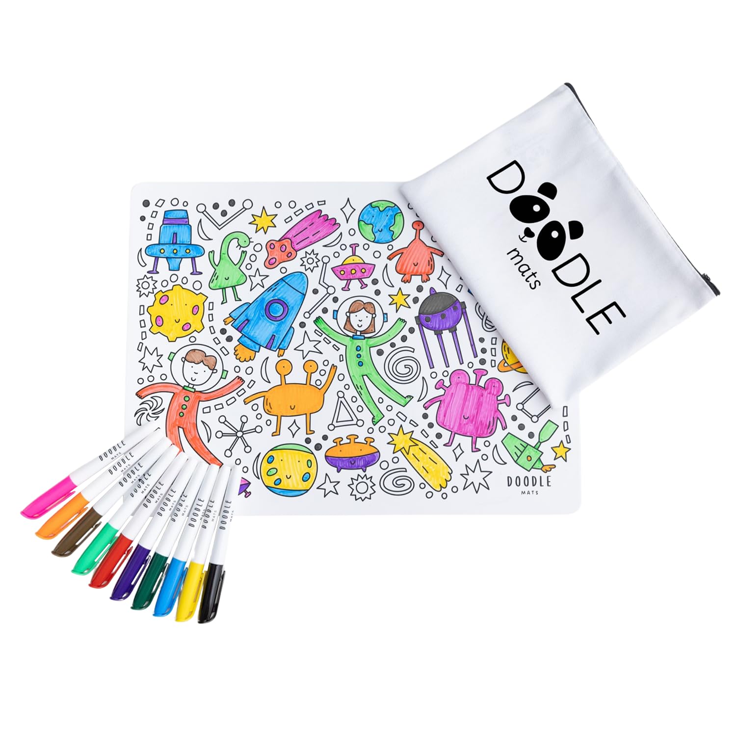Doodle Mats Reusable Space Colouring Mat for Kids | Astronaut & Planets Play Mat with 10 Washable Pens & Carry Case | Mess Free Travel Toy Featuring Rockets, Stars & Aliens | Eco Friendly A3 Gift