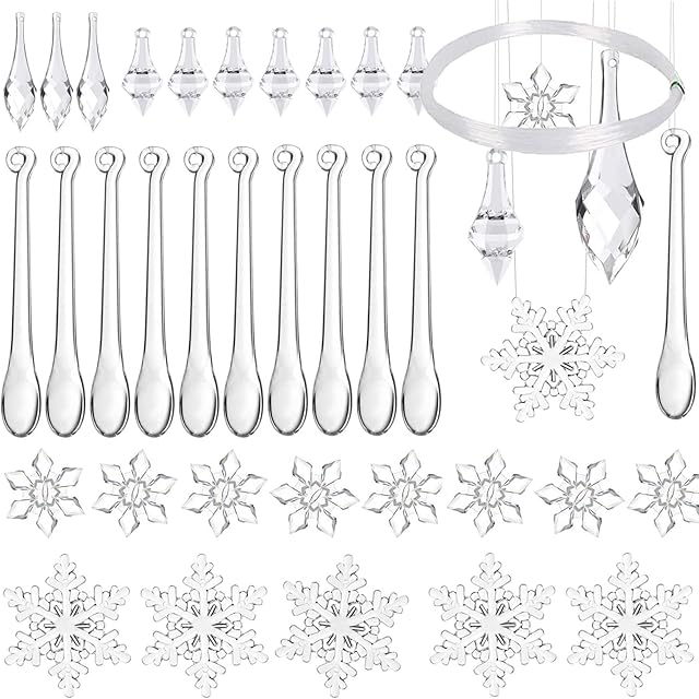 ECHG 50Pcs Christmas Tree Ornaments Acrylic Crystal Christmas Snowflakes Icicles Hanging Ornaments Xmas Tree Decorations with Silver Strings