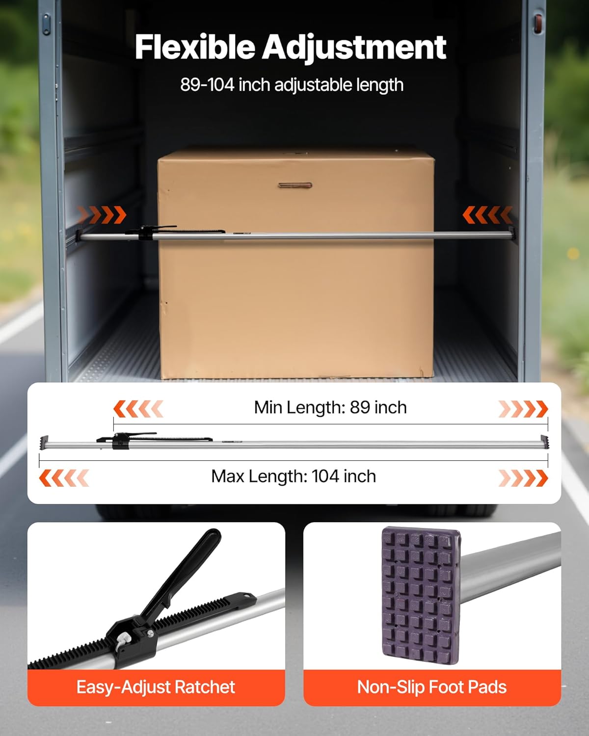 VEVOR Cargo Bar, Cargo Bar Adjustable from 89" to 104", Heavy-Duty Steel Cargos Stabilizer with Non-Slip Foot Pads, Truck Bed Load Lock Bars for Box Trucks, Semi-Trailers, Trailers (2PCS)