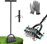 Dikutar Manual Lawn Aerator Tool: Pre-Assembled, 16 Sharp 3.55" Steel Spikes, Auto-Cleaning Spring, Ergonomic T-Handle & Gloves for Easy Soil Aeration