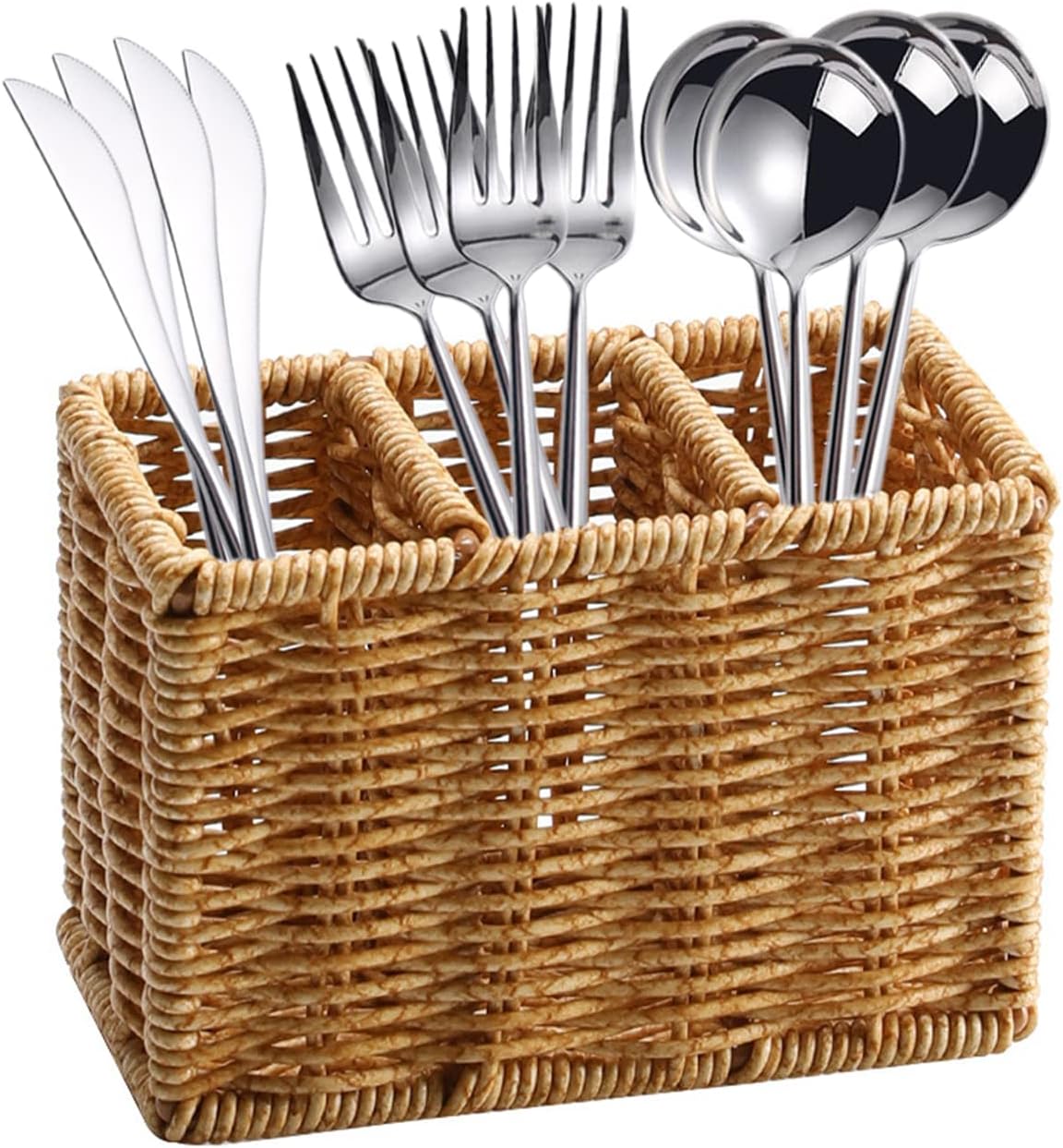 Simulation Rattan Woven Flatware Caddy with 3 Compartments