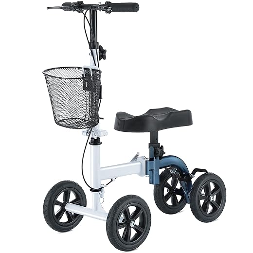 RINKMO Knee Scooter,All-Terrain Foldable Knee Scooter Walker Economical Knee Scooters for Foot Injuries Best Crutches Alternative (White+Blue)