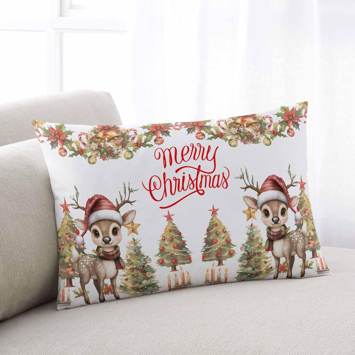DecorLovee Christmas Elk Pillow Covers, Linen Long Throw