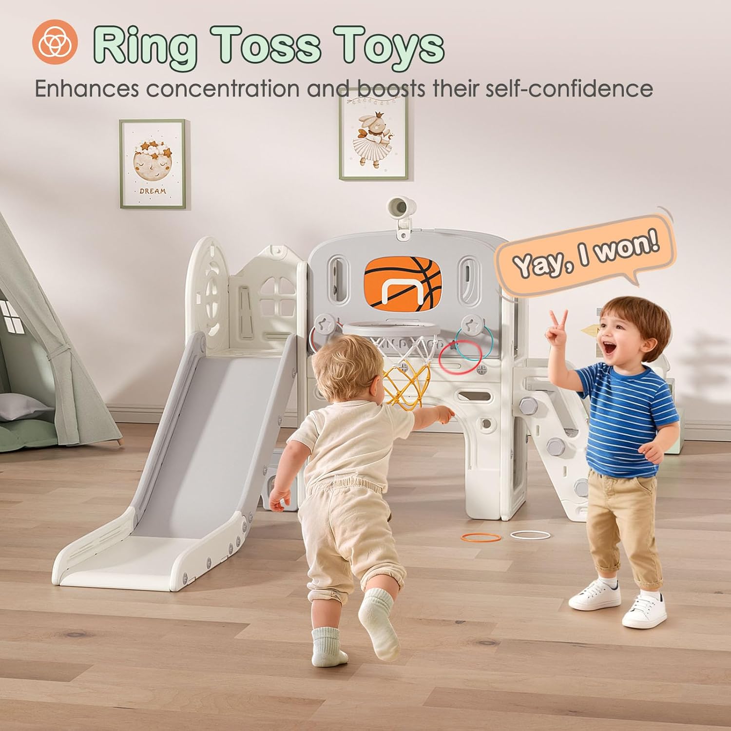 BIERUM 9 in 1 Toddler Slide Set - Baby Slide for Toddlers 1-3 with Ring Toss and Basketball Hoop, Indoor Outdoor Toddler Playset Playground Beige Gray