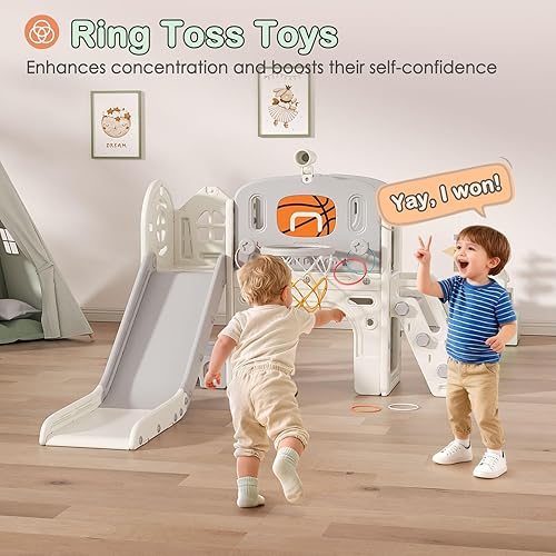 Miniatura 3 de BIERUM Juego de toboganes 9 en 1 para niños pequeños, tobogán para bebés de 1 a 3 años con lanzamiento de anillos y aro de baloncesto, juego para