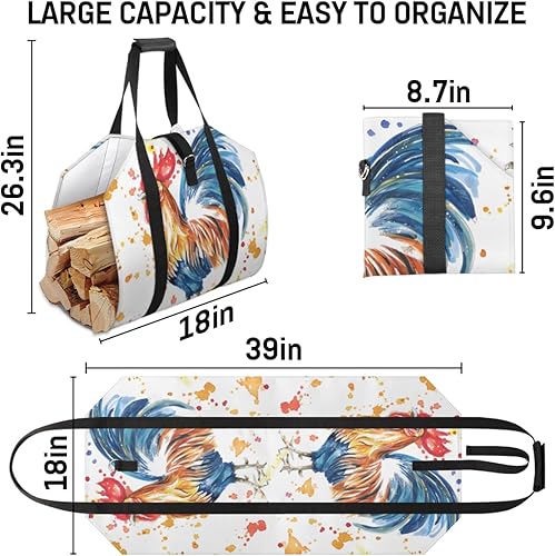 Miniatura 2 de Bolsa de transporte de leña de gallo, grande, duradera, para chimenea, accesorios para estufas de leña de 39 x 18 pulgadas, soporte para leña