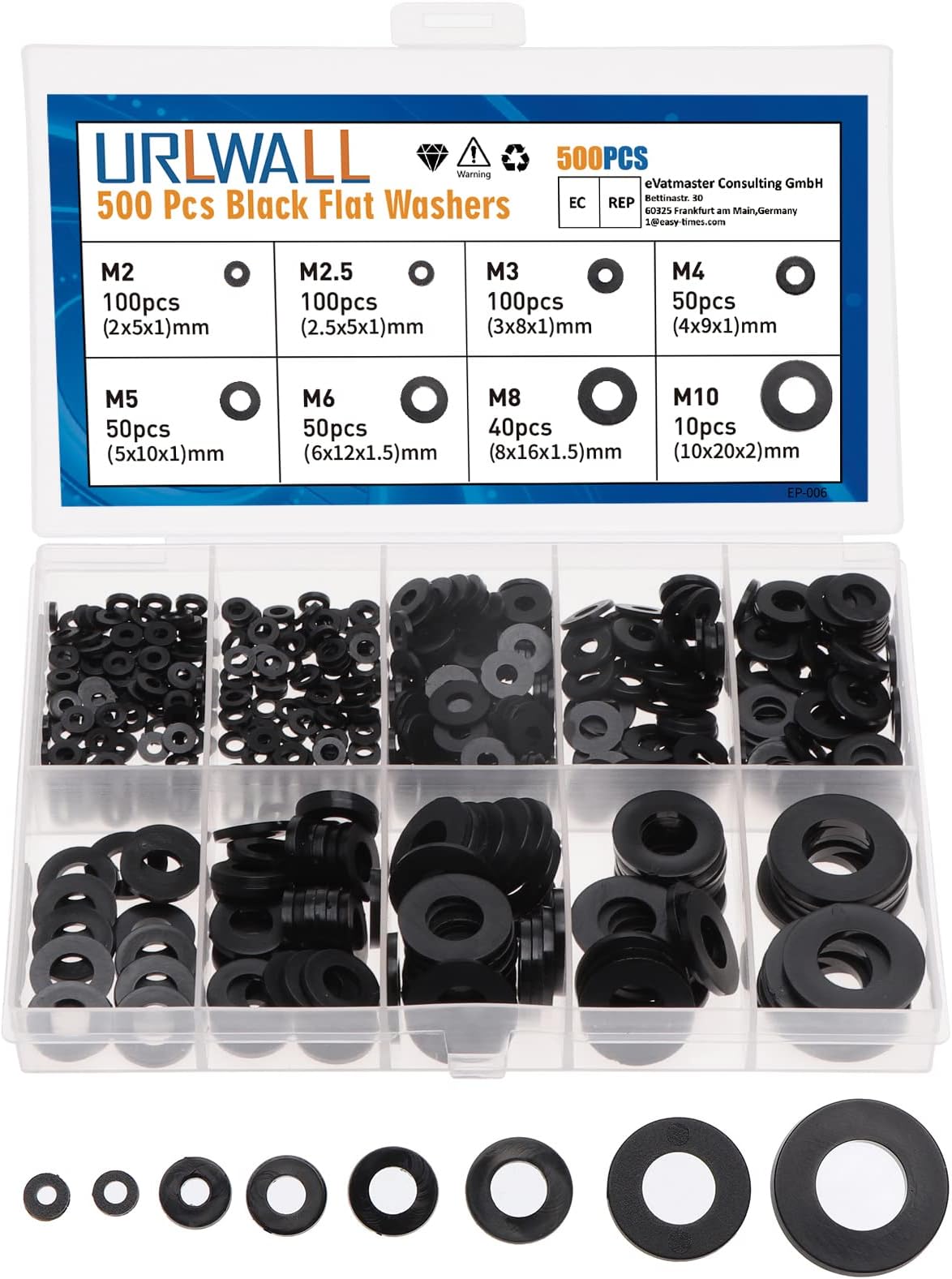 500Pcs Nylon Flat Washer Assortment Set, Washers Metric Sealing Spacer Gasket Ring Washers Set, 8 Sizes - M2, M2.5, M3, M4, M5, M6, M8, M10 (Black)